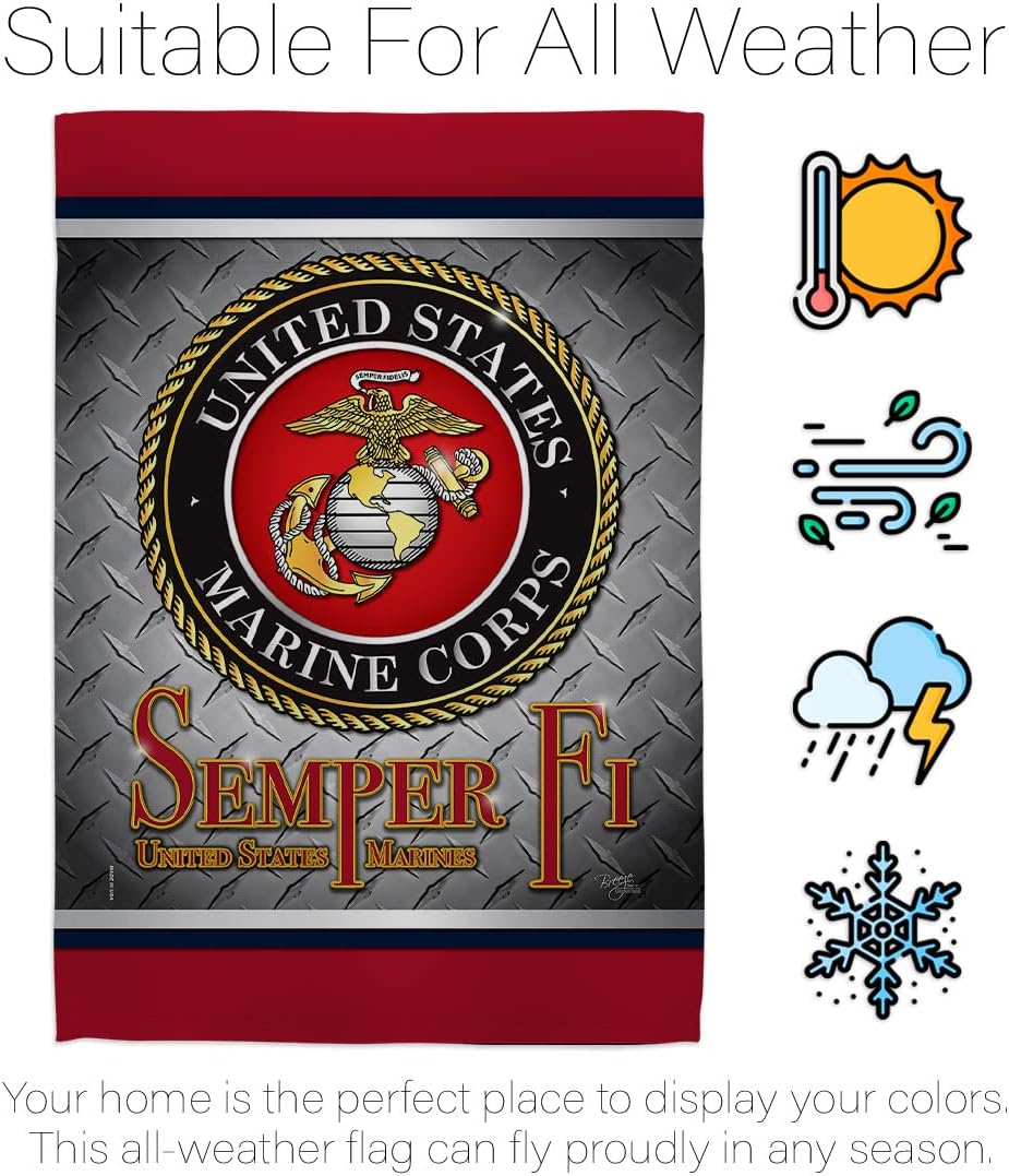 Breeze Decor Semper Fi US Marine Garden Flag Set Wall Hanger Armed Forces Corps USMC United State American Military Veteran Retire Official House Banner Small Yard Gift Double-Sided, Made in USA