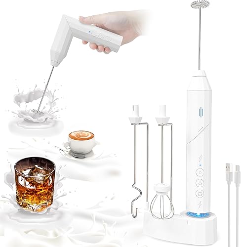 NUEIYMI Espumador de leche recargable con soporte, batidor de mano eléctrico de mano con 3 velocidades, 3 cabezales de acero inoxidable, 2 métodos