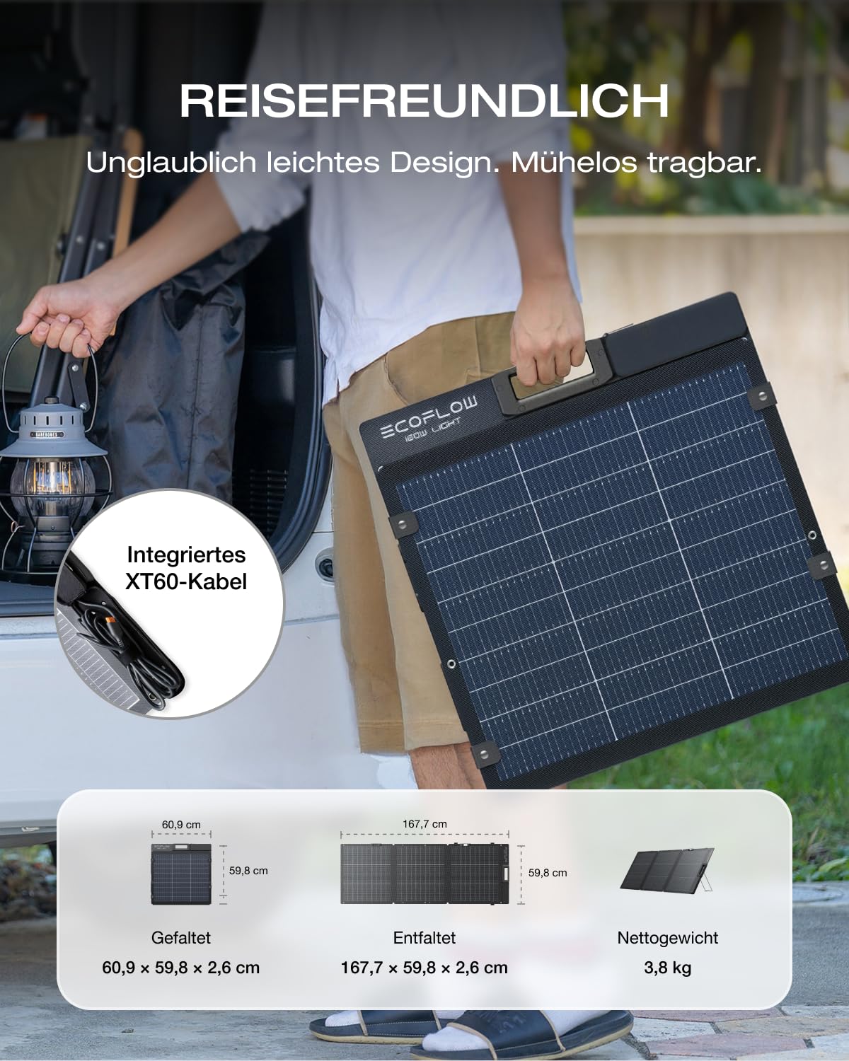 ECOFLOW 160W Solarpanel, bifaziales N-Typ Solarmodul, bis zu 25% Wirkungsgrad, IP68, Standfuß, XT60-Kabel