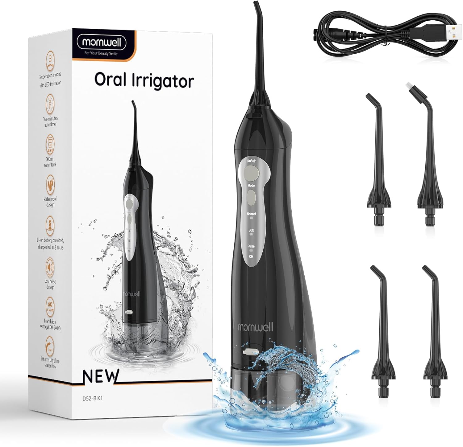 Water Flosser, Mornwell Water Flossers for Teeth - 330ML Tank USB Rechargeable Dental Flosser, IPX7 Waterproof 3 Modes & 4 Jet Tips Portable Dental Oral Irrigator,Professional Water Flosser XX-Large Black