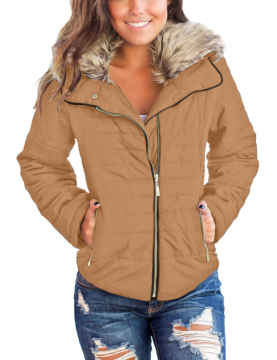luvamiaWomen Casual Warm Winter Faux Fur Quilted Parka Lapel Zip Jacket Puffer Coat