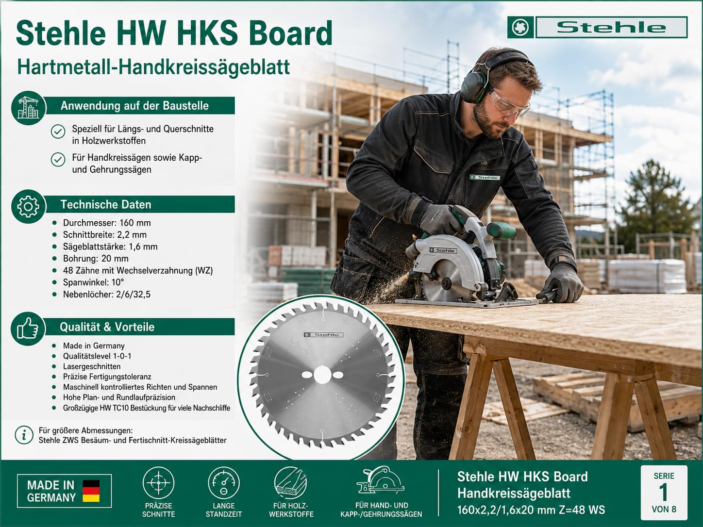 Hartmetall-Handkreissägeblatt 160 x 2,2/1,6 x 20 mm, 48 Zähne WZ, Made in Germany, für präzise Längs- und Querschnitte in Holzwerkstoffen mit Handkreissägen, Kapp- und Gehrungssägen.