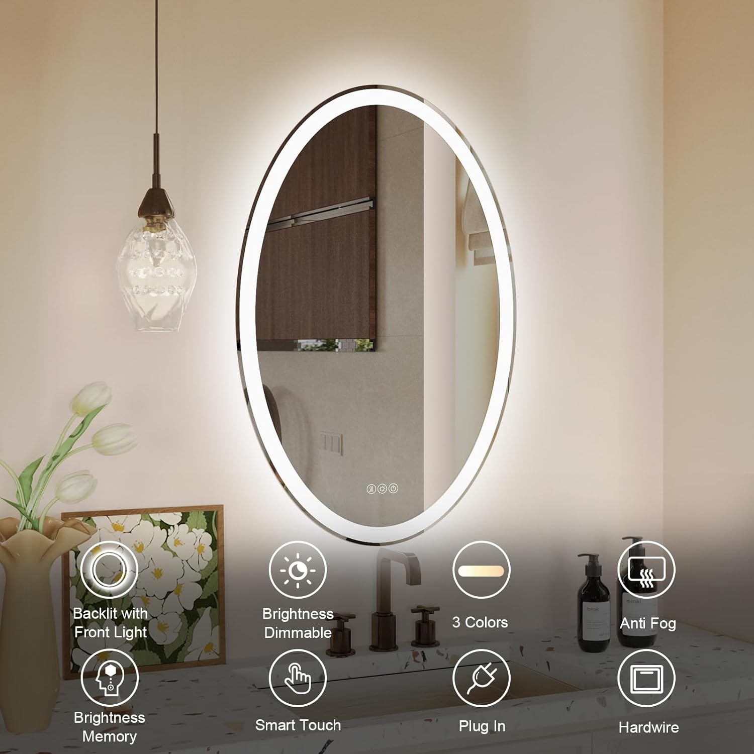 LED Bathroom Mirror, 36X24 Inches Oval LED Mirror for Bathroom, Vanity Mirror with Lights with Anti-Fog & 3 Colors, Wall-Mounted Dimmable Bathroom Mirror with Backlit