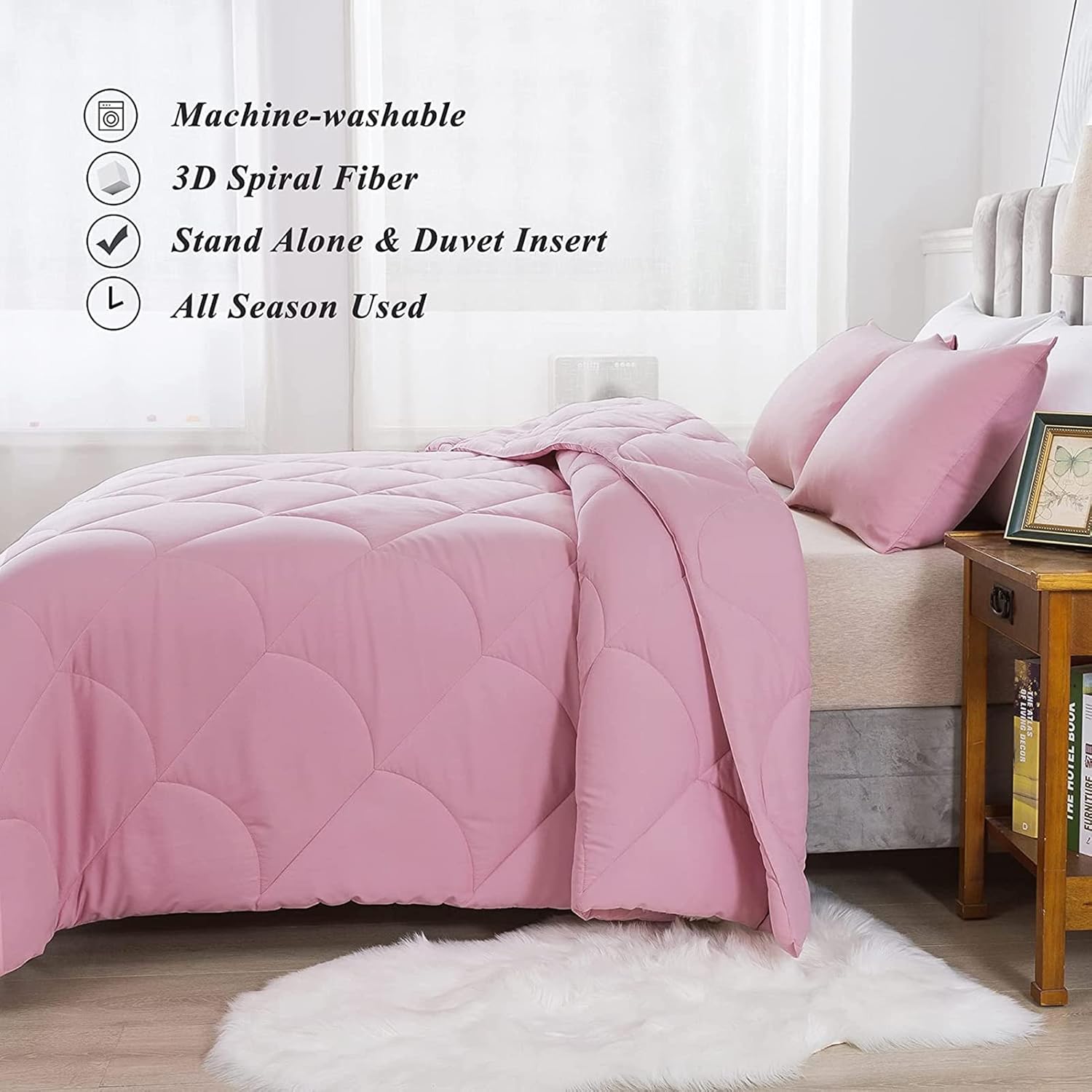 ELNIDO QUEEN Pink Full Comforter Set with 2 Pillow Shams - 3 Pieces Bed Comforter Set - Quilted Down Alternative Lightweight All Season Bedding Comforter Sets Full Size(82x86 inch)