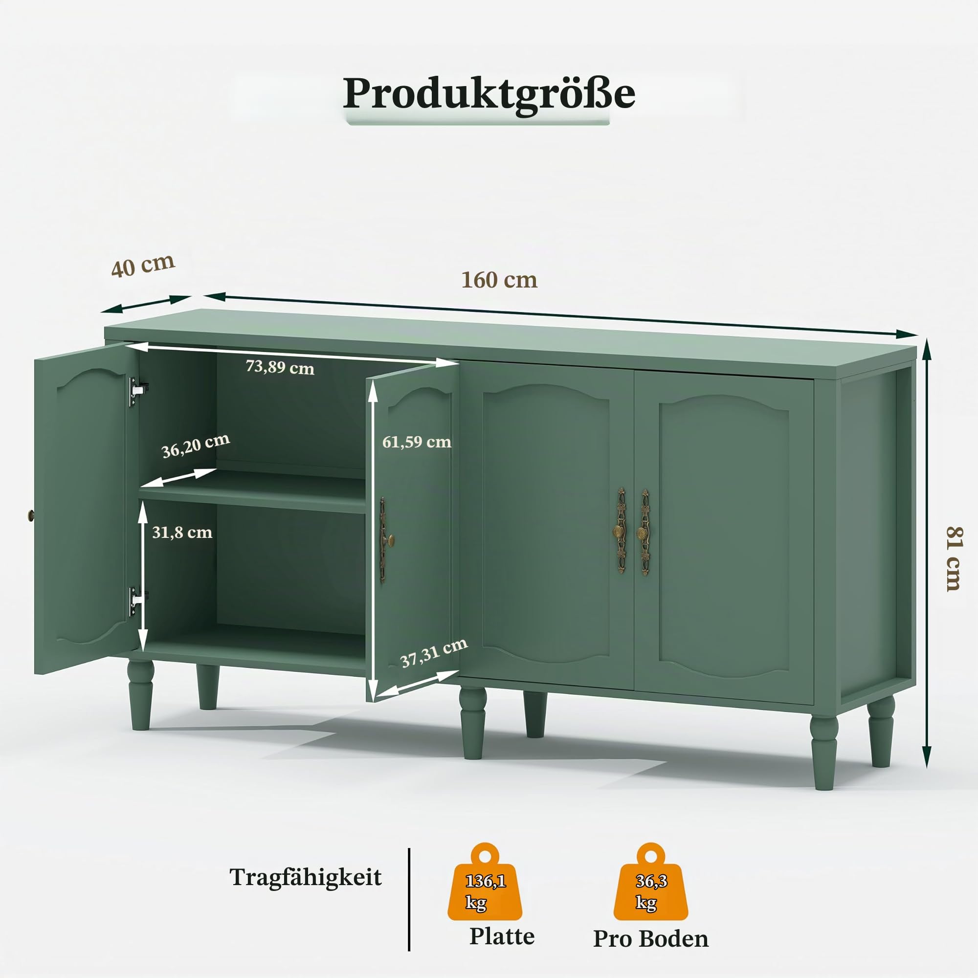 Sideboard 160cm Küchenschrank mit Arbeitsplatte und 4 Türen