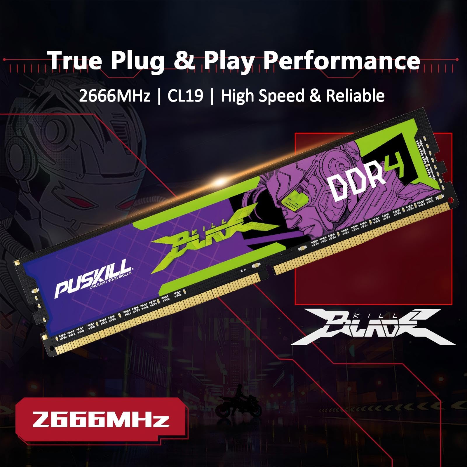 PUSKILL Kit da 32 GB (2 x 16 GB) DDR4 RAM 2666 MHz PC4-21300 memoria desktop, non ECC unbuffered UDIMM 1,2 V CL19 288 pin, modulo di aggiornamento per computer PC a doppio canale per Intel e AMD