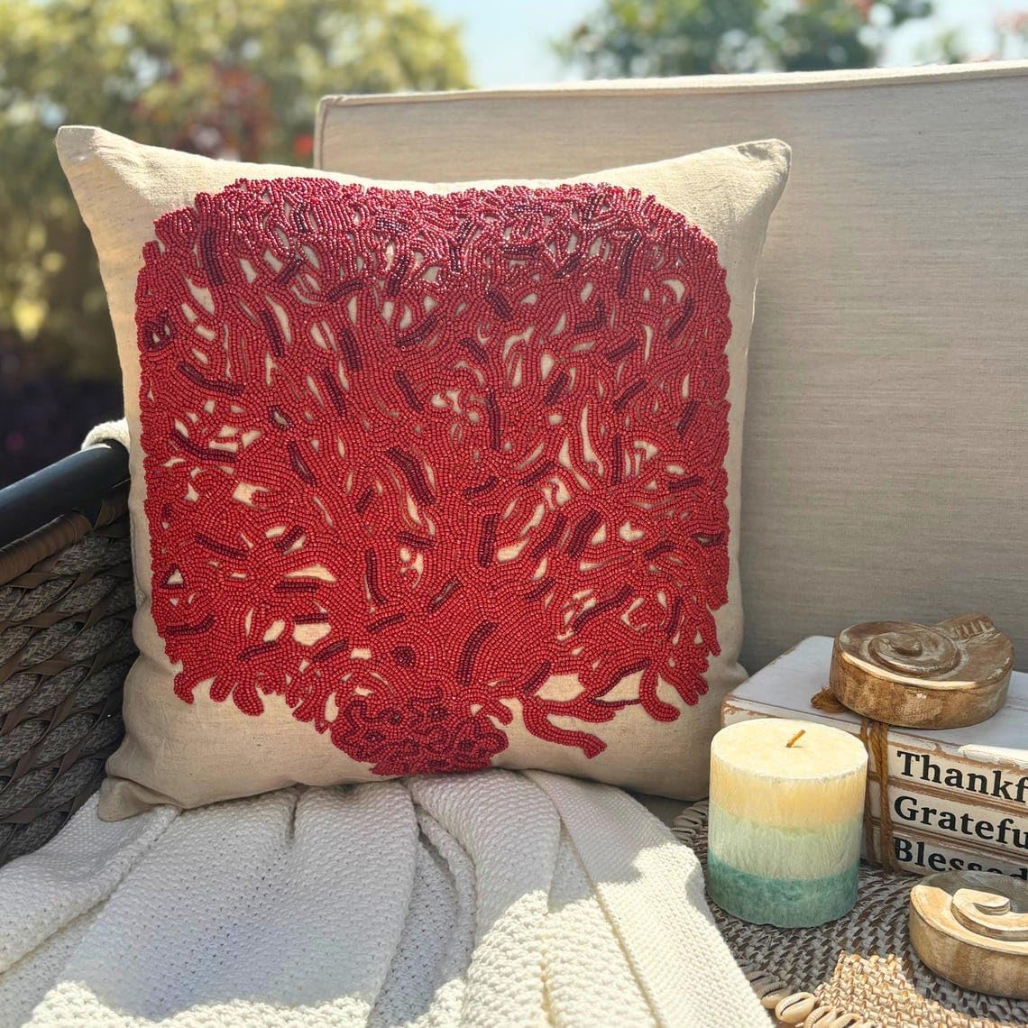 The HomeCentric Toss Pillow Covers, Decorative Ecru Cushion Cover 16x16 inch (40x40 cm) Linen Pillow Covers, Nature & Floral, Tree, Beaded, Modern Designer Pillowcases Easter - Changing Tree