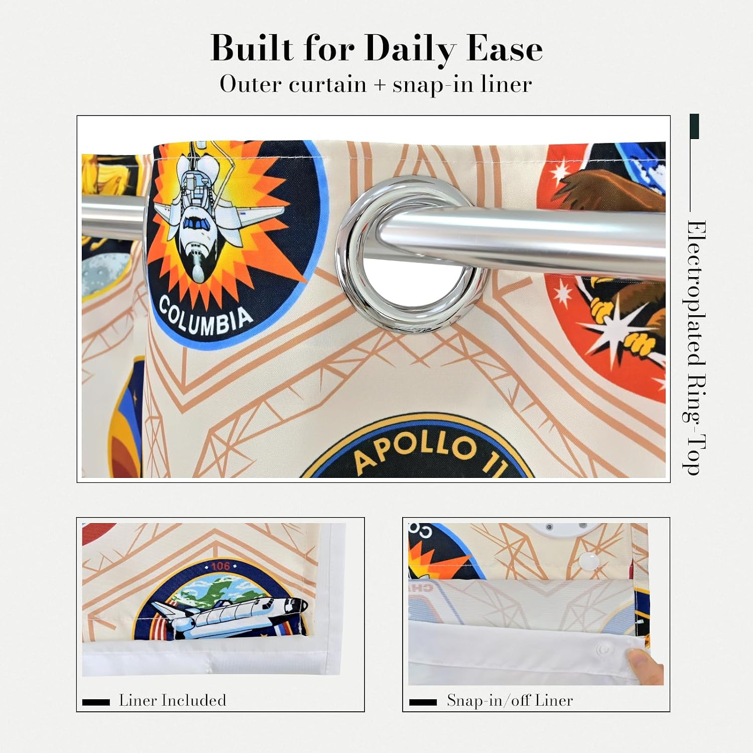 NASA Mission Patch Mosaic No Hook Shower Curtain Set, NASA-Licensed Space Poster Art, Vintage Design, Gallery-Style Bathroom Décor (Mission Patch Mosaic-Beige, 72" W x 74" L (Pack of 1))