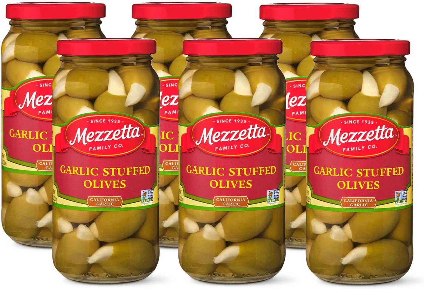 - Mezzetta Garlic Stuffed Olives - Greek Green Olives with Fresh Garlic from California - Savory Flavor for Grilled Steak and Appetizers - 100% Natural Gourmet Snack Non-GMO - 10 Oz Jar - Pack of 6