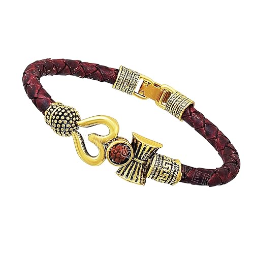 Exegi Enterprise Trishul Damru OM Rudraksha Beads Silver Plated Mahakal Shiva Genuine Leather Bracelet for Men and Boys