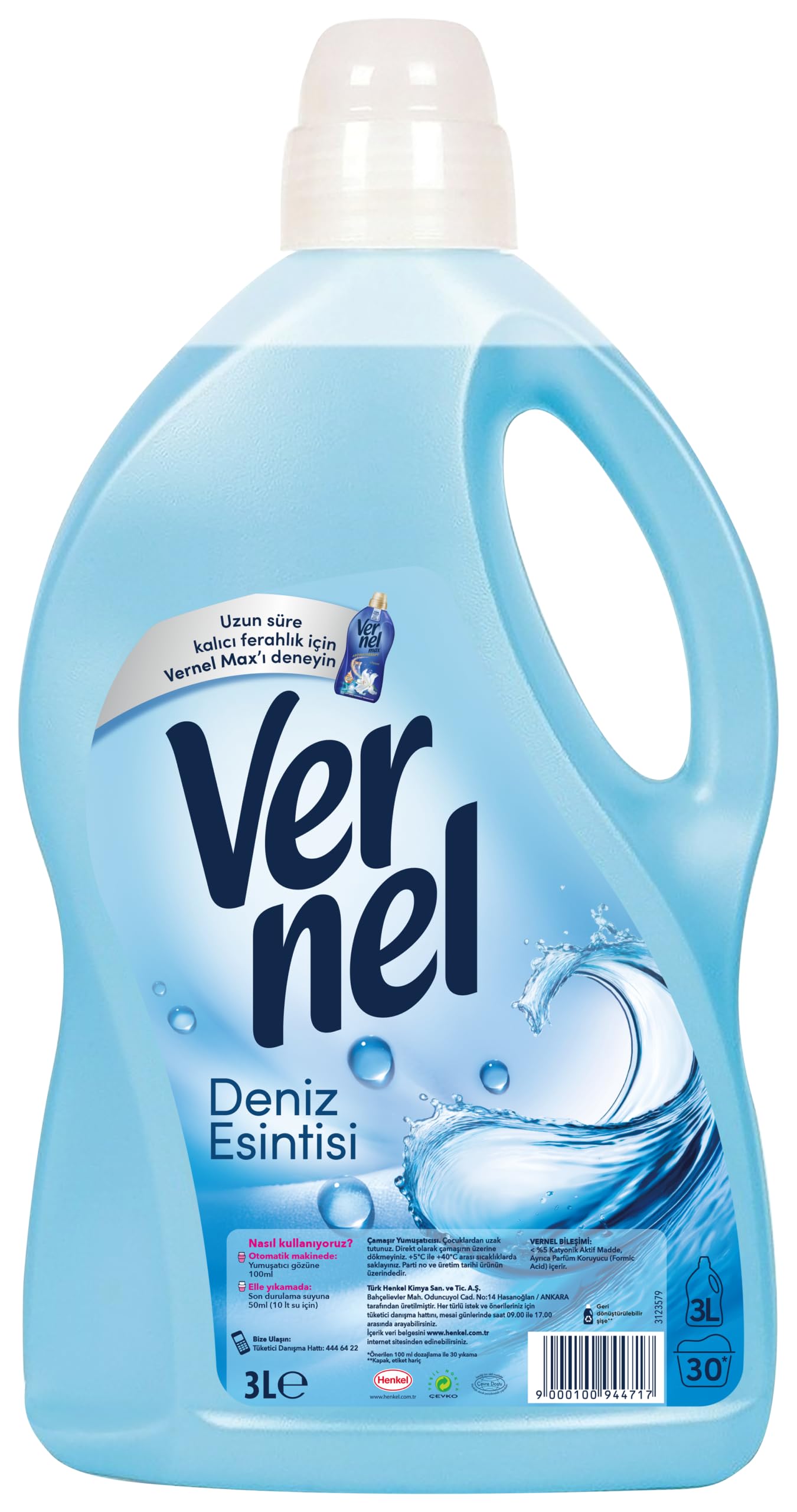 Vernel Deniz Esintisi Kalıcı Parfüm 30 Yıkama Çamaşır Yumuşatıcısı (1 x 3000 mL)