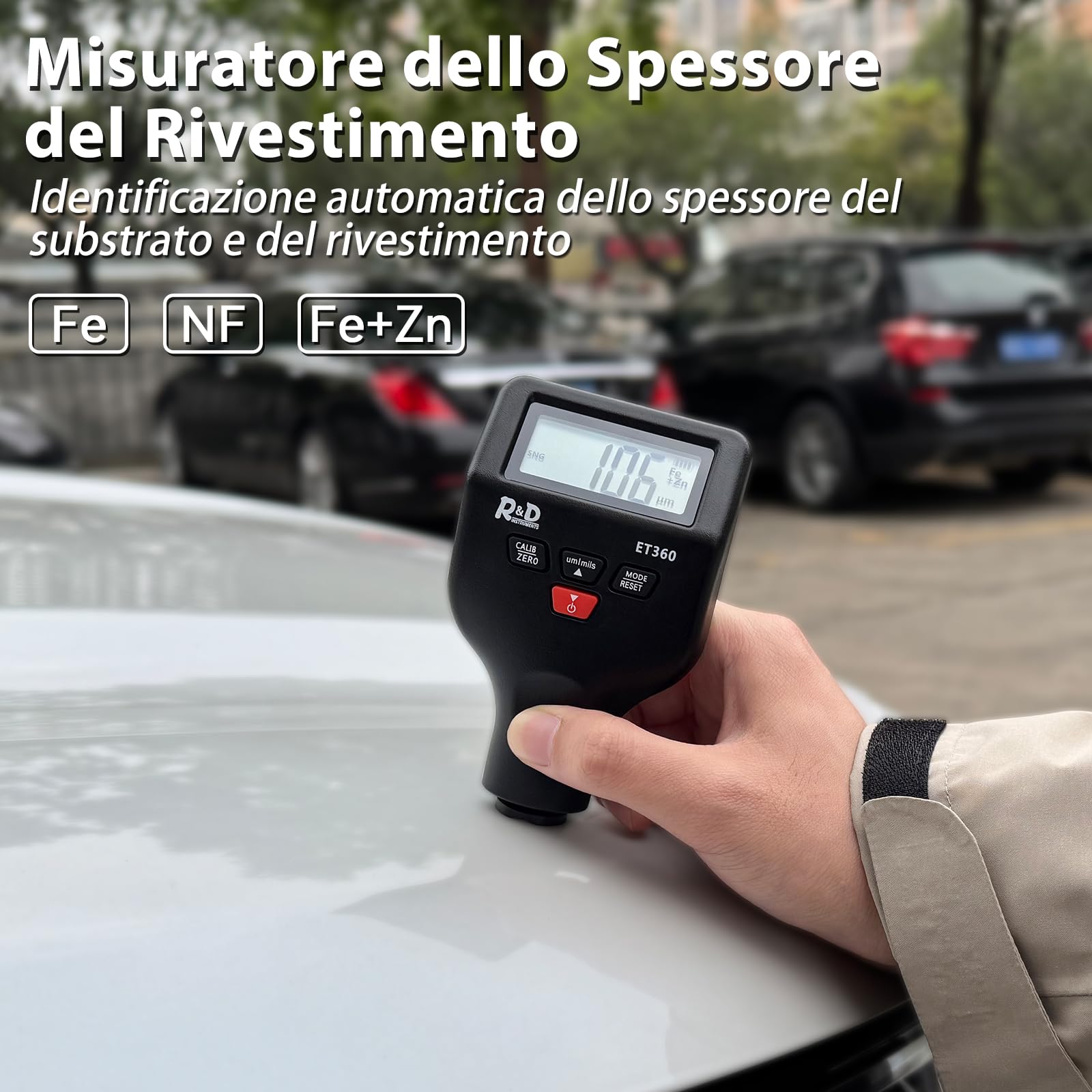 RDINSCOS Spessimetro Vernice 0-1500um Spessimetro di Rivestimento con LCD Retroilluminato Misuratore di Spessore Digitale per Auto Usate/Industria Metallica, Fe/NFe/Zn Riconoscimento Automatico