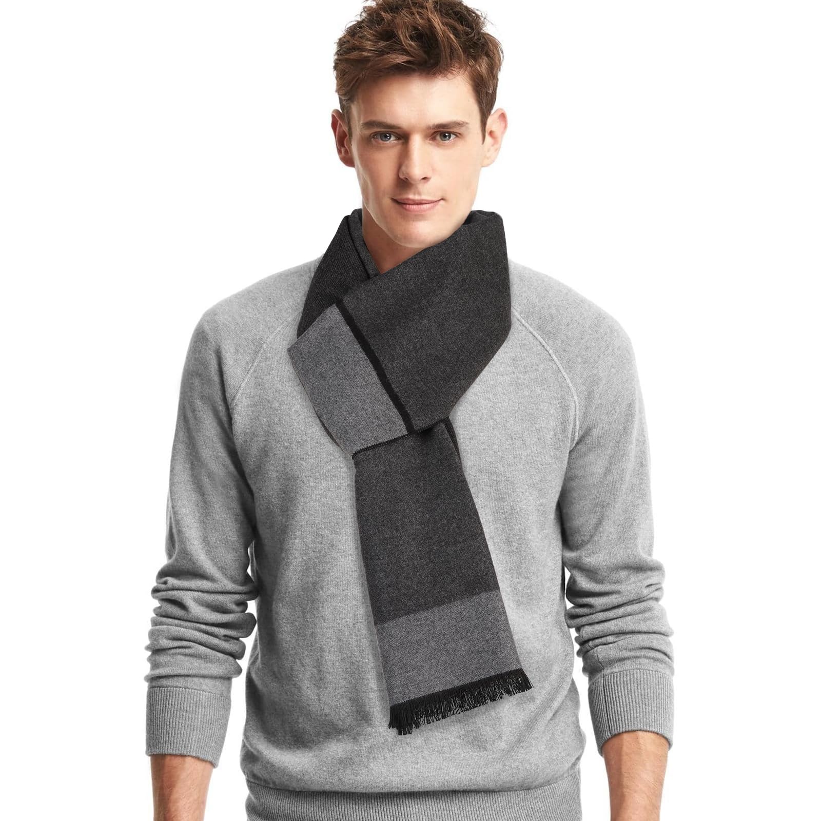 Minicoco Men's Winter Scarves - Soft, Warm Tassel Cashmere & Wool Stripe Plaid Tartan Scarf (Stripe Plaid, Black)