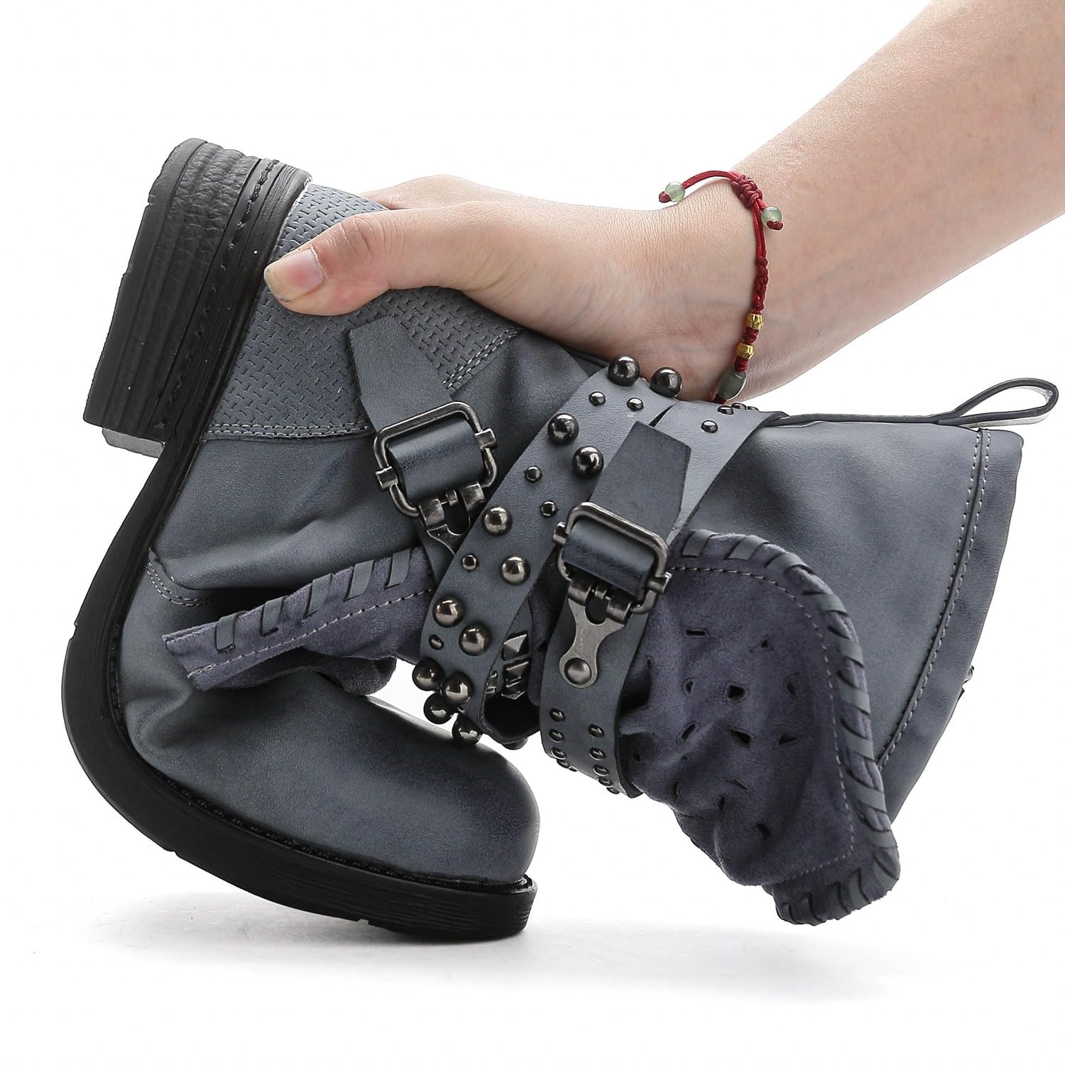 Pogolino Stivaletti da donna con borchie da motociclista con chiusura lampo, piatti e comodi ST016