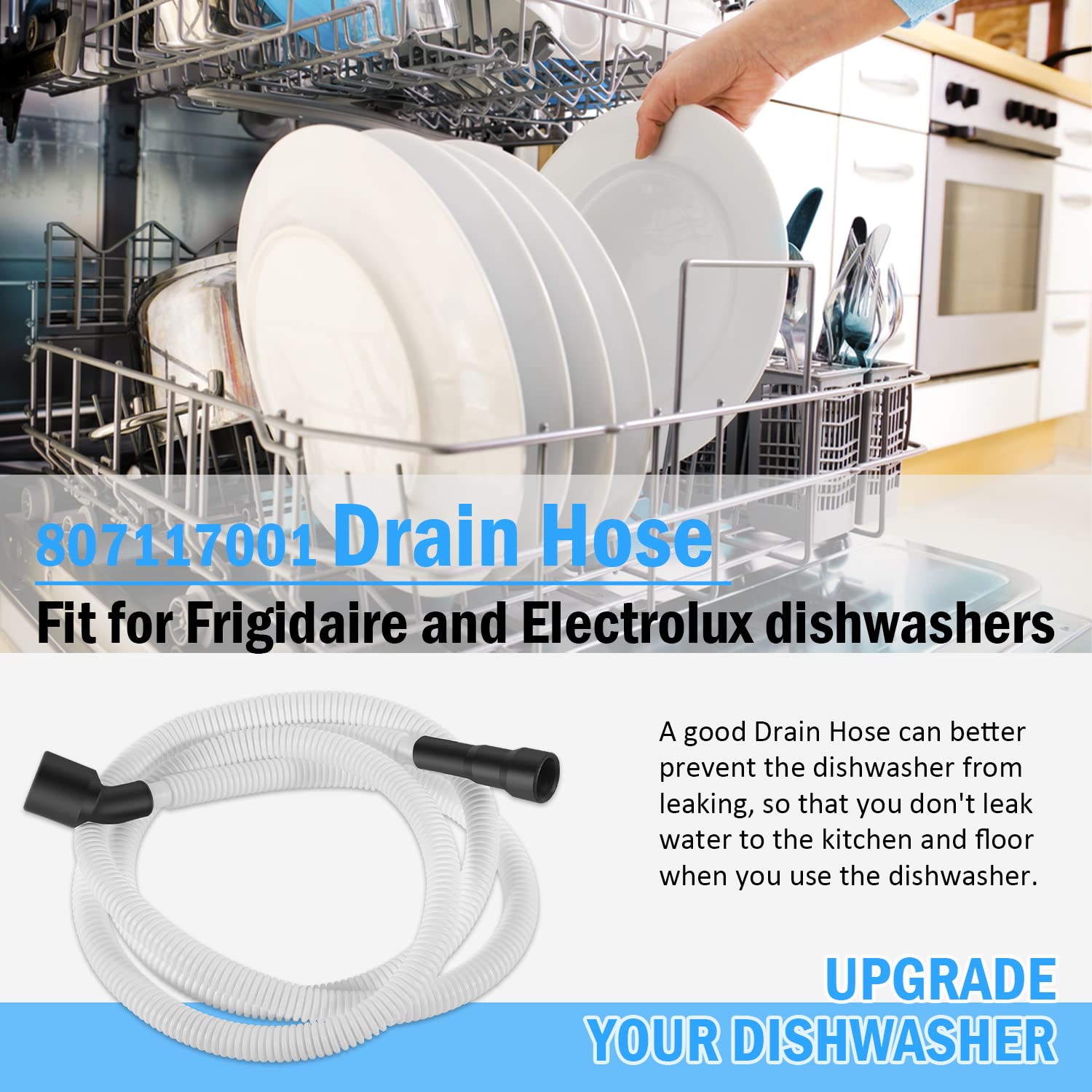 807117001 Manguera de drenaje para lavavajillas Frigidaire y Electrolux, reemplaza AP5806794, 154369601, 154411001, 154411002, 154411003, 154525301, 154606701, 1, 1, 1, 15554753322201, 5304435286
