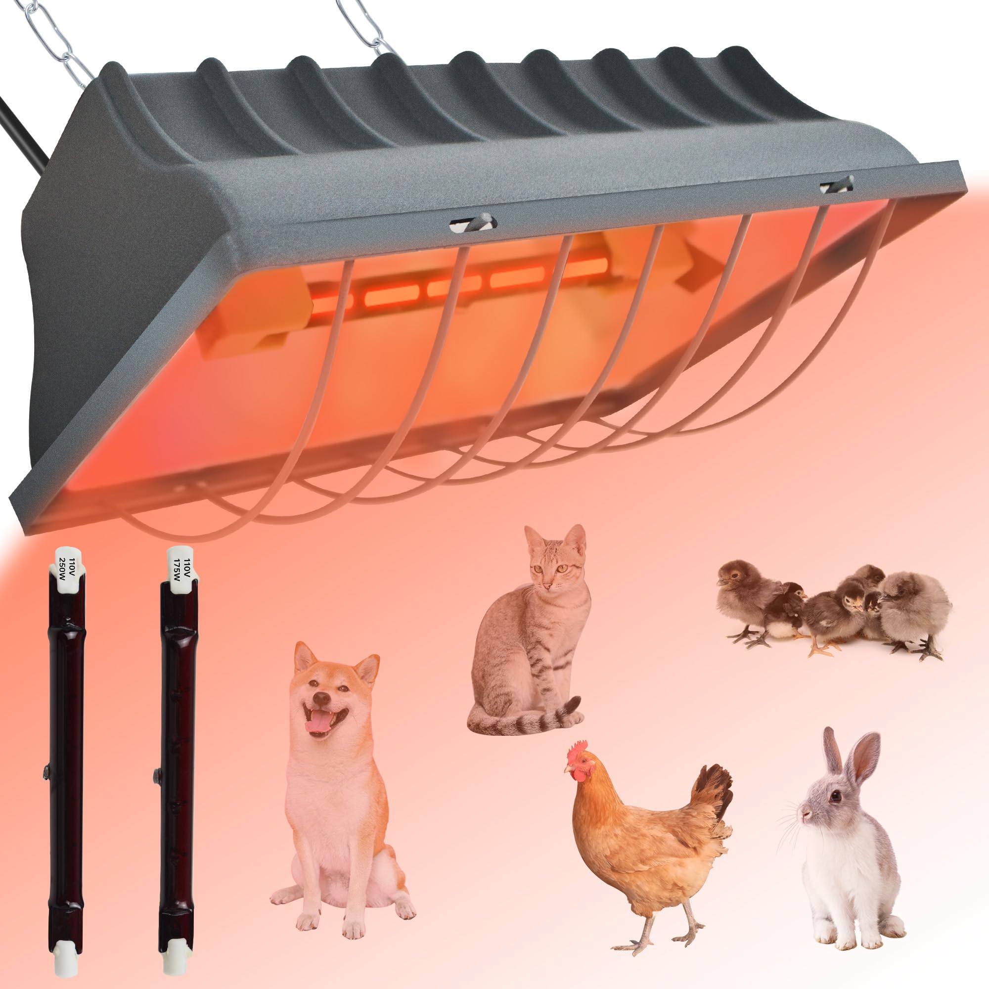 JUSONEY Chicken Coop Heater for Chicks,Brooder Heater with 2pcs Heat Lamp(250W and 175W),Adjustable Temp & Height Chicken Brooder Box Supplies for Chicken Livestock Dogs Sheep Pets