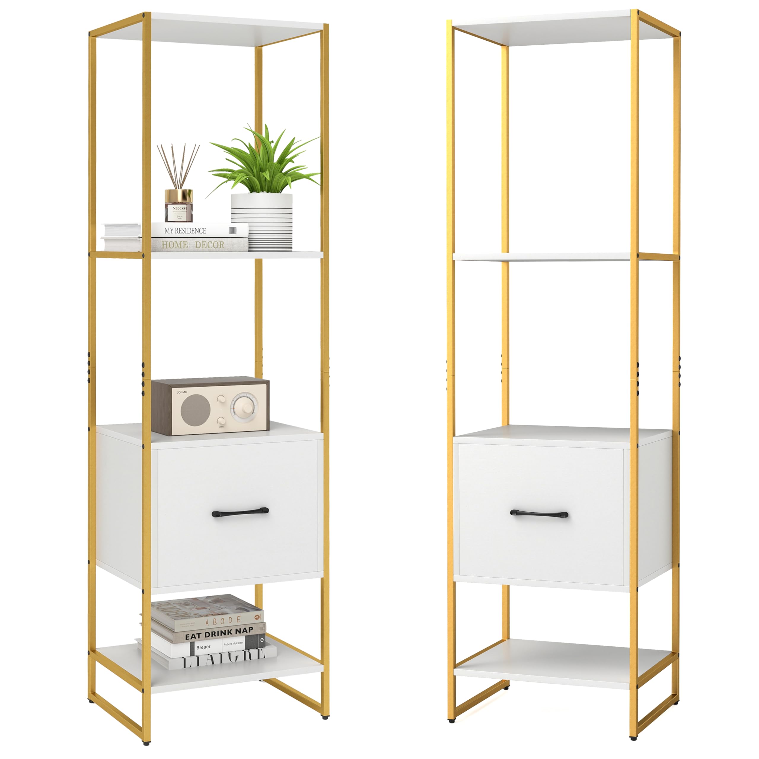 HOMASIS Libreria da Parete a 4 Ripiani e Cassetto, Libreria Verticale a Colonna da Terra in Legno, Struttura in Metallo, Scaffale ad Angolo per Soggiorno, Studio, Cucina, 45 x 35 x 160 cm (Bianco)