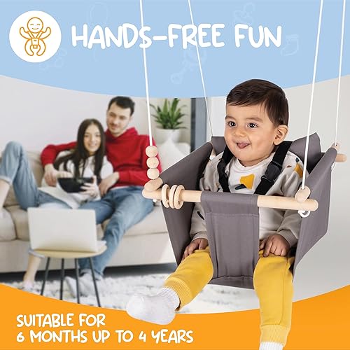 Miniatura 3 de Columpio para bebé para interiores y exteriores con arnés de 3 puntos y accesorios para techo, porche, puerta, columpio de lona para bebé, asiento