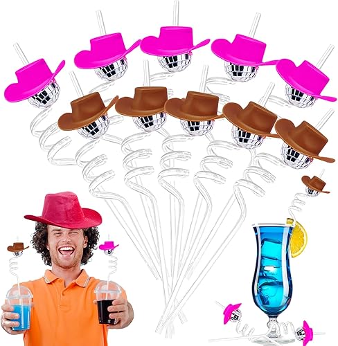 10 popotes de bola de discoteca con espejo, decoraciones de fiesta de discoteca de los años 70, mini sombrero de vaquera, pajitas de cóctel para
