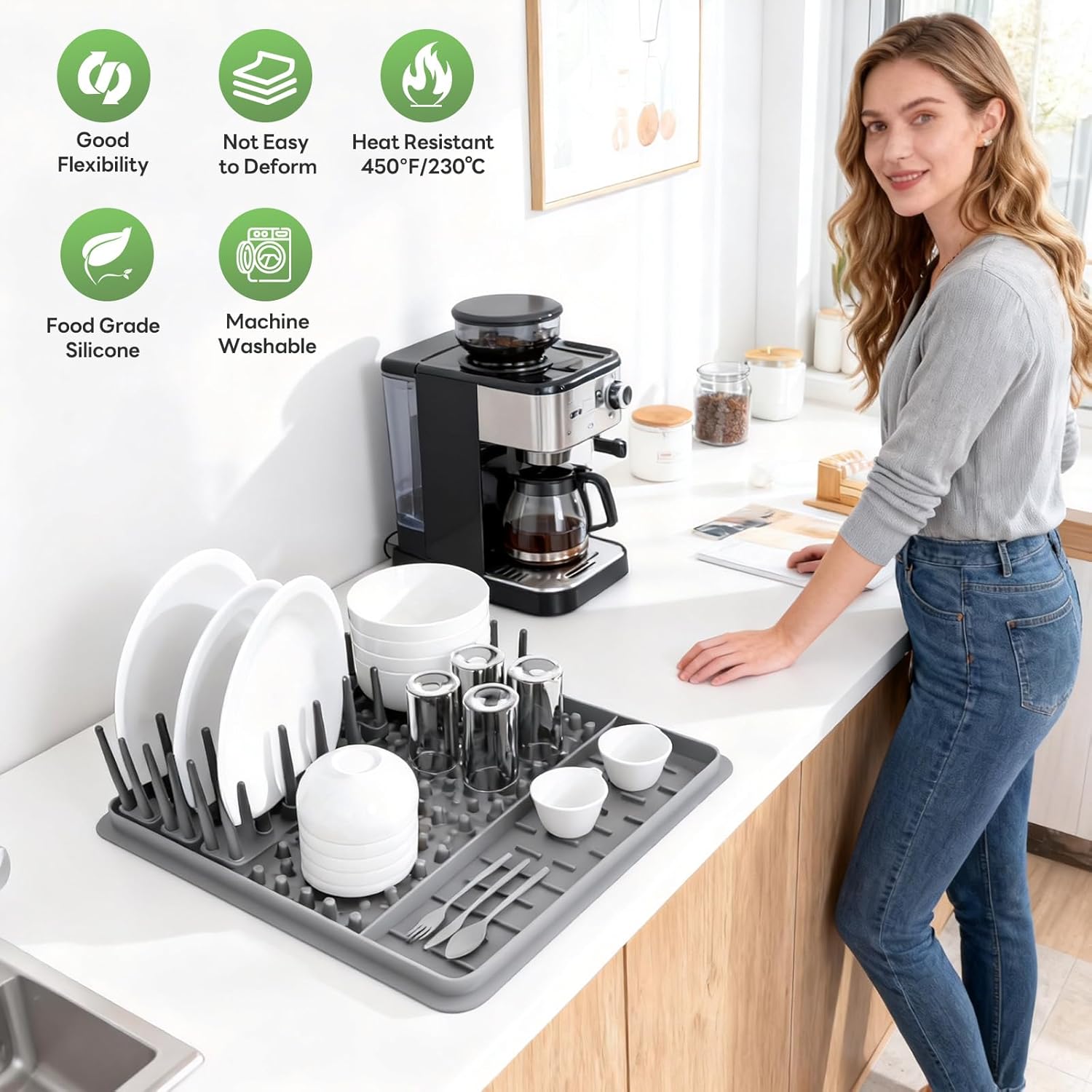 Dish Drying Mat for Kitchen Counter, Multiple Usage, Dual-Sided Independent Zones, Easy Clean, Heat-Resistant, Non-Slip Silicone Drying Pad for Countertop Protection, 16.2" x 11.8" (Grey)