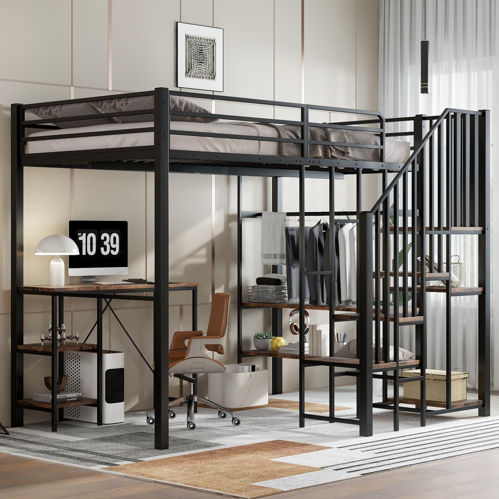 Lit Mezzanine en Fer, 120 x 200cm Lit en Hauteur, avec Bureau et Plusieurs étagères de Rangement, équipé d'un Escalier et Barrière de Sécurité(sans Matelas)