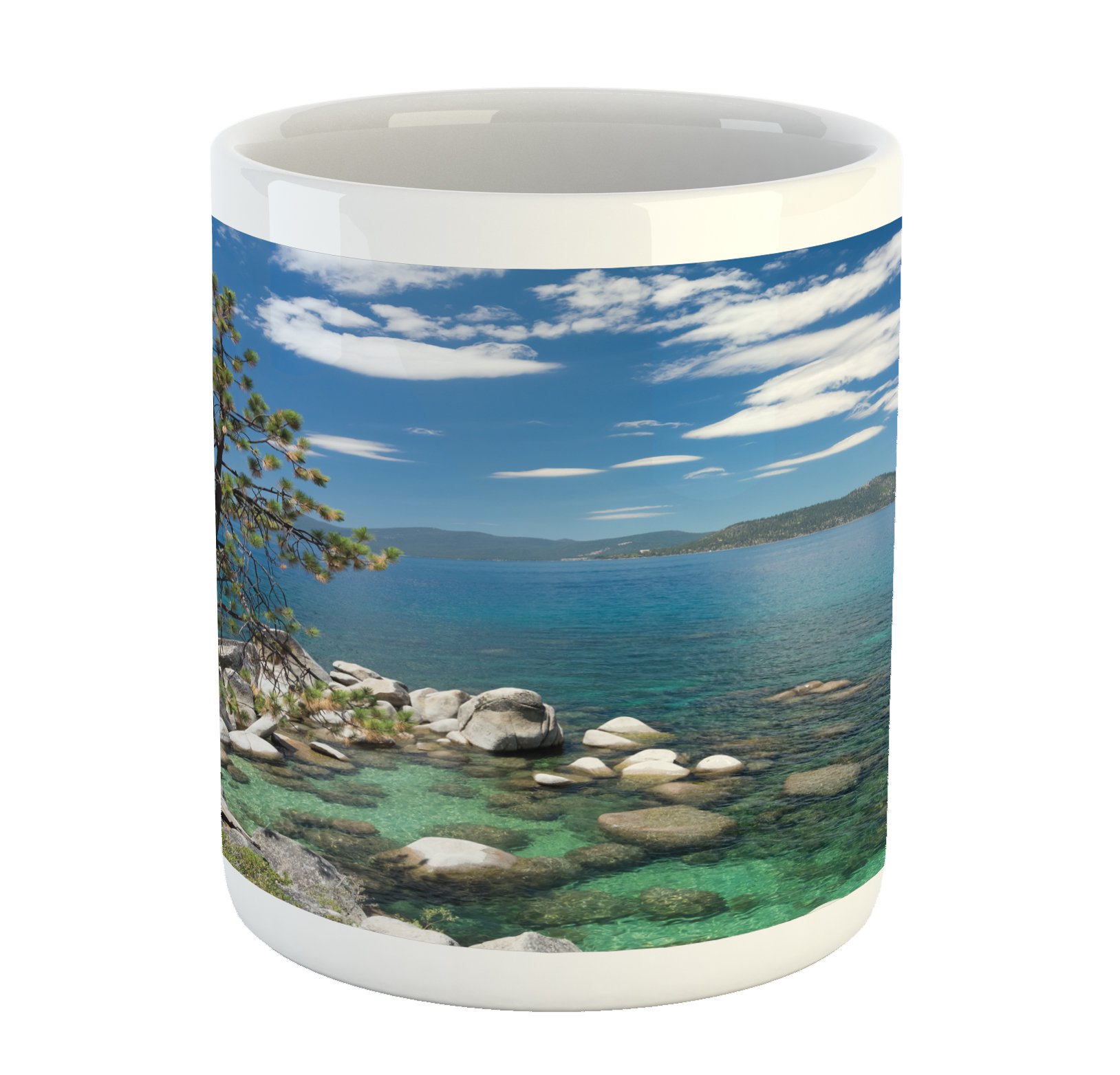 LunarableNature Mug, Lake Tahoe by the Lake with a Tree and Rocks Cloudy Open Sky Landscape, Ceramic Coffee Mug Cup for Water Tea Drinks, 11 oz, Olive Green