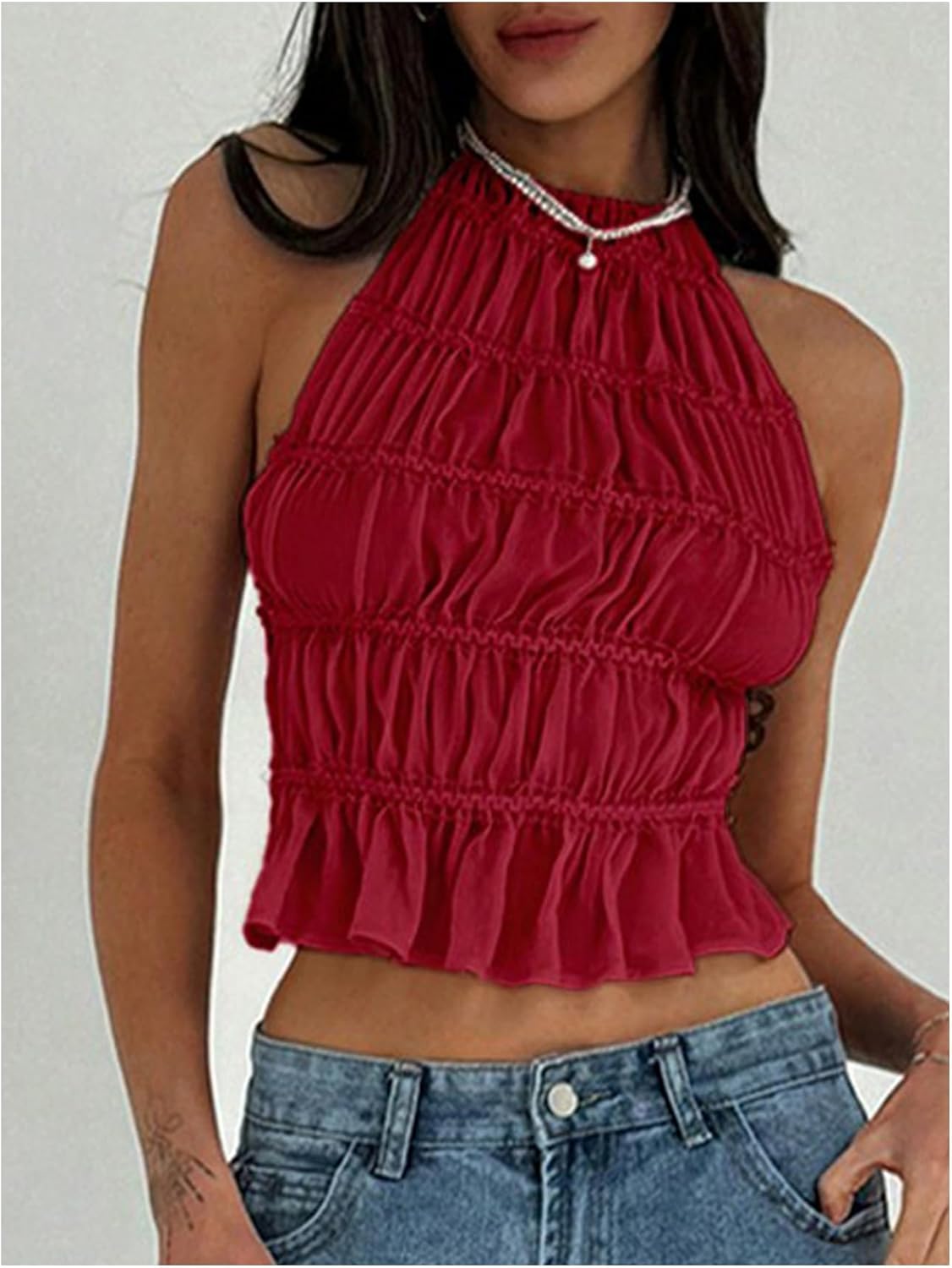 MakeMeChic Women's Open Back Halter Top Sleeveless Tie Backless Y2K Crop Going Out Tops - Image 5