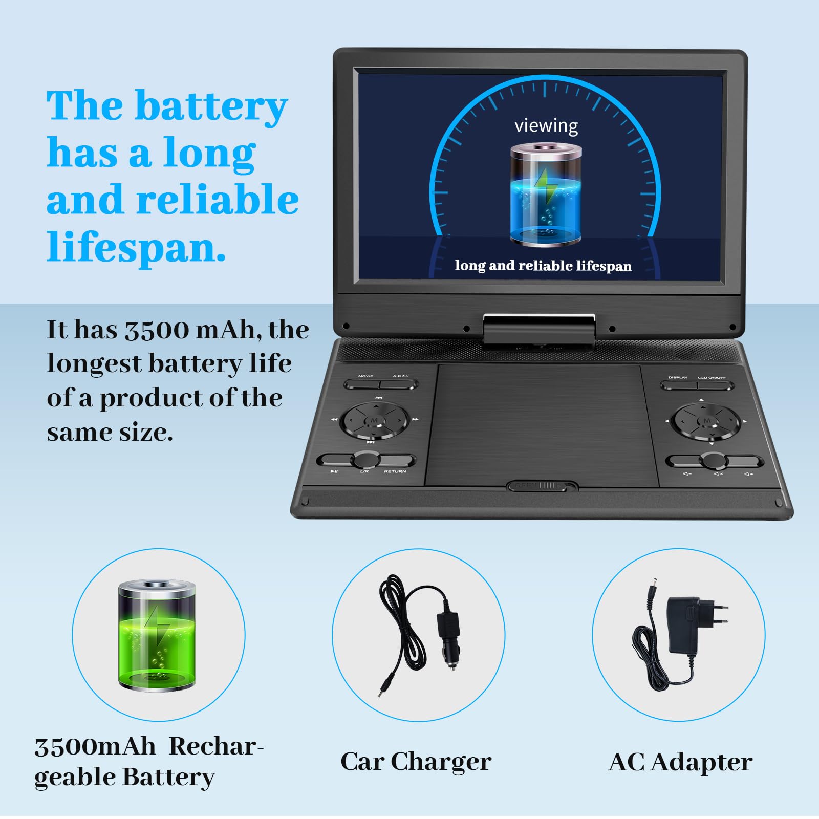 YOOHOO Lecteur DVD Portable 14,9'' Écran HD 12,1'' Batterie Rechargeable USB/SD/AV