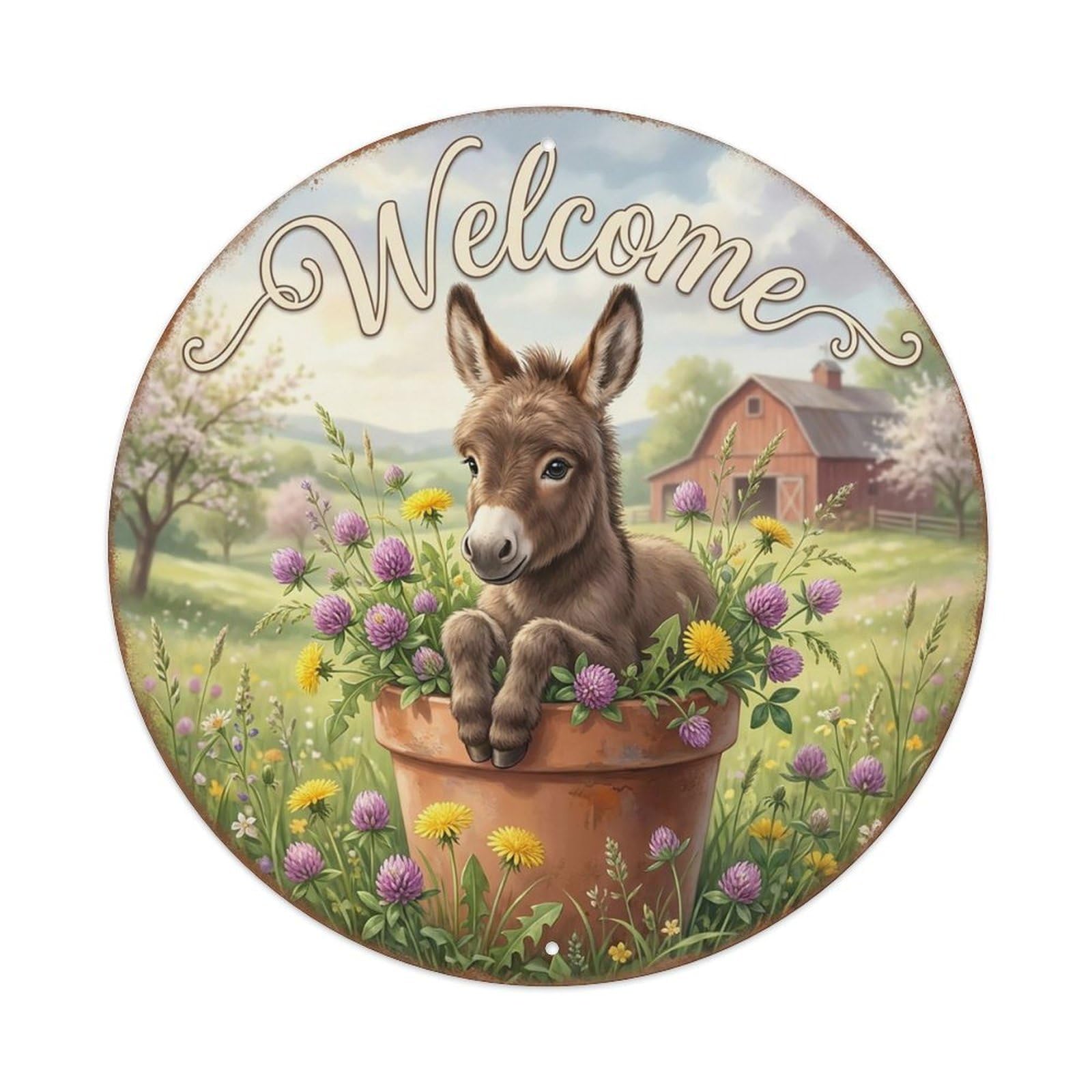 Welcome Donkey Clover Meadow Vintage Metal Tin Sign Plaque Wall Decor for Cafe, Club Bar, Office, Garden Metal Poster 8x8Inch