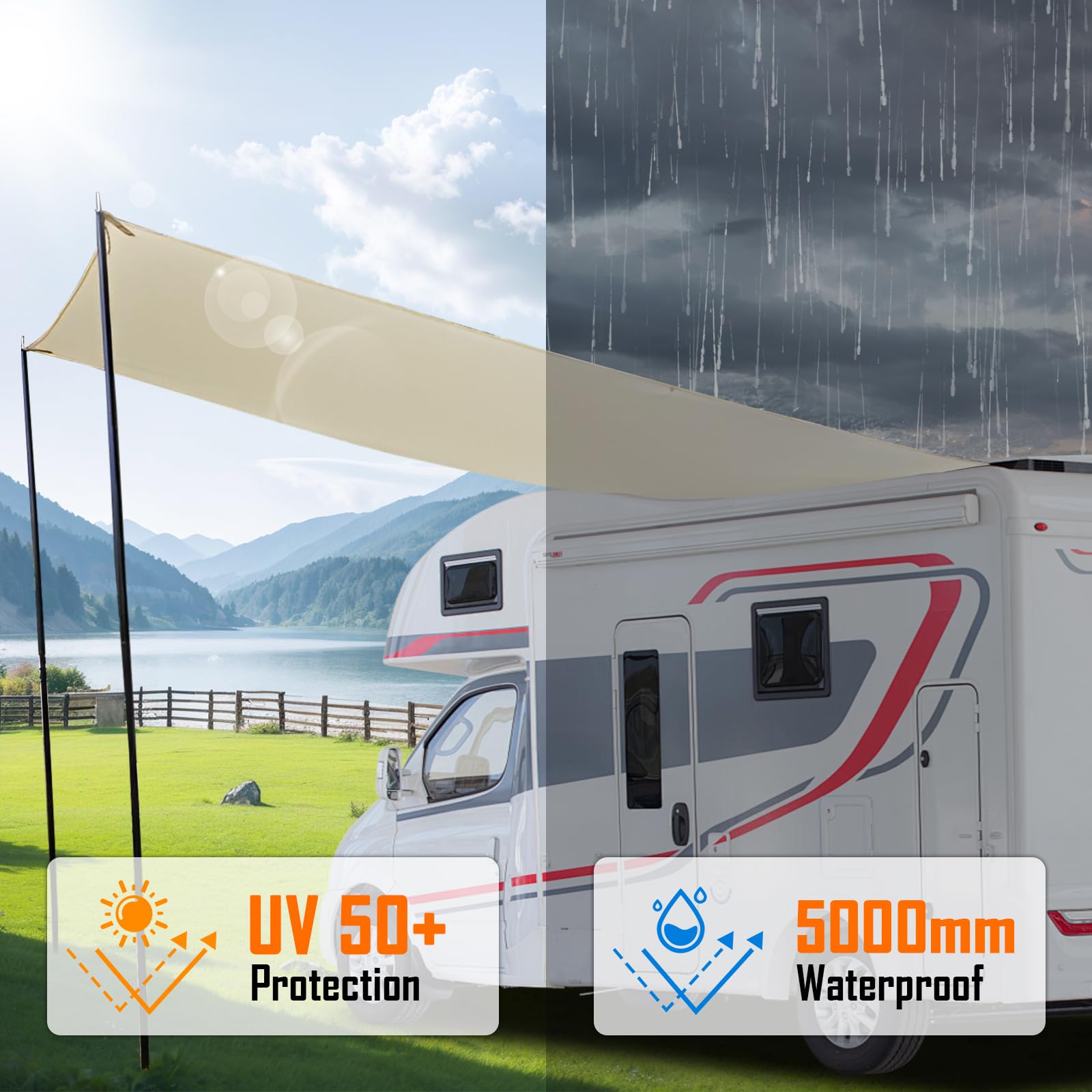 LIROPAU Motorhome Tarp, Auto Camping markisen Wasserdicht und UV-beständig mit 2xZeltstangen,2xSaugnäpfe,4xWindseil,4xErdspieße für Wohnwagen, Campingwagen, Wohnmobil - 2m（H） X 4.3m（W）