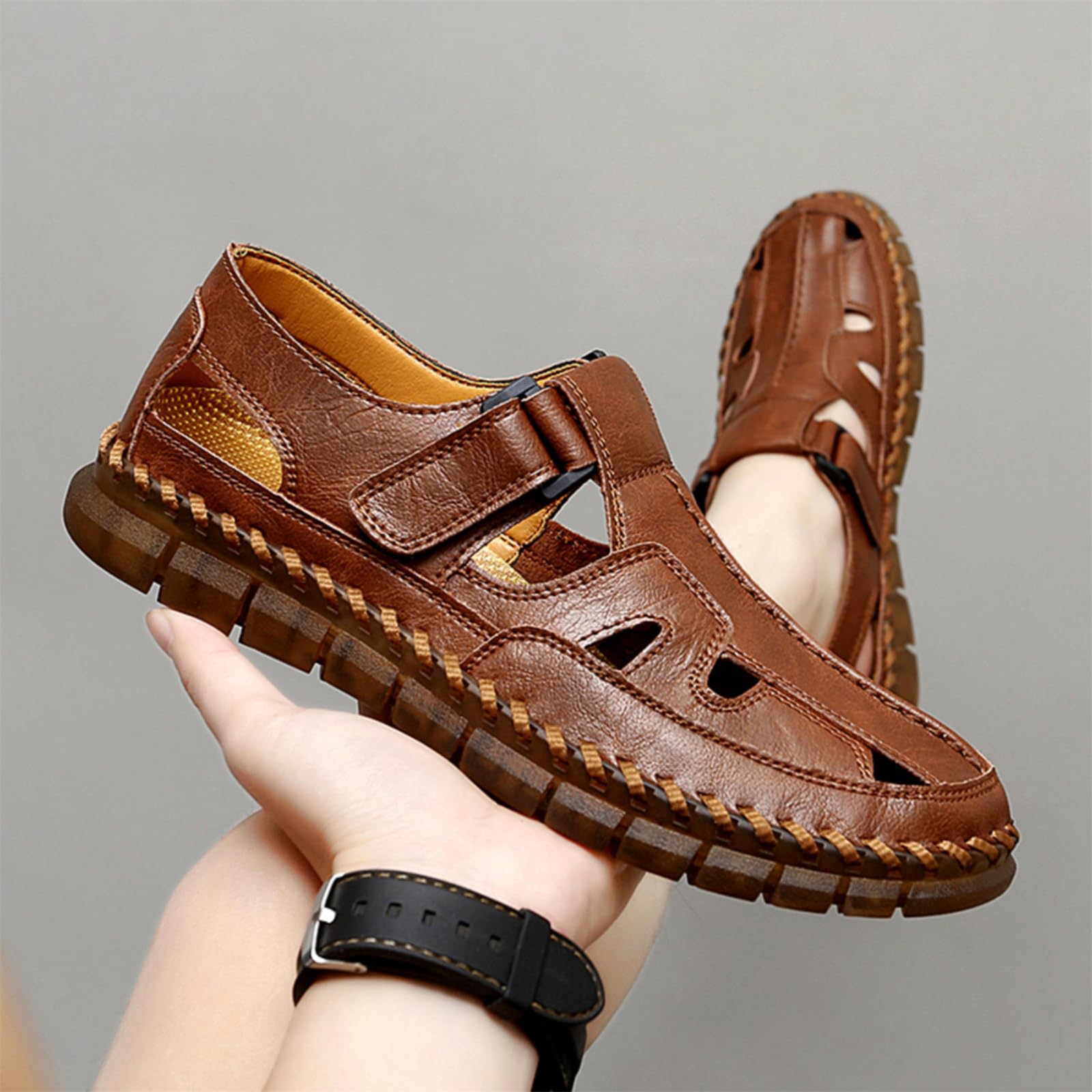 Sandales de sport Erbon pour hommes pratiquant des activités sportives, Marron, Cuir, Sans talon, À enfiler, Sangle unique, Sandal de sport