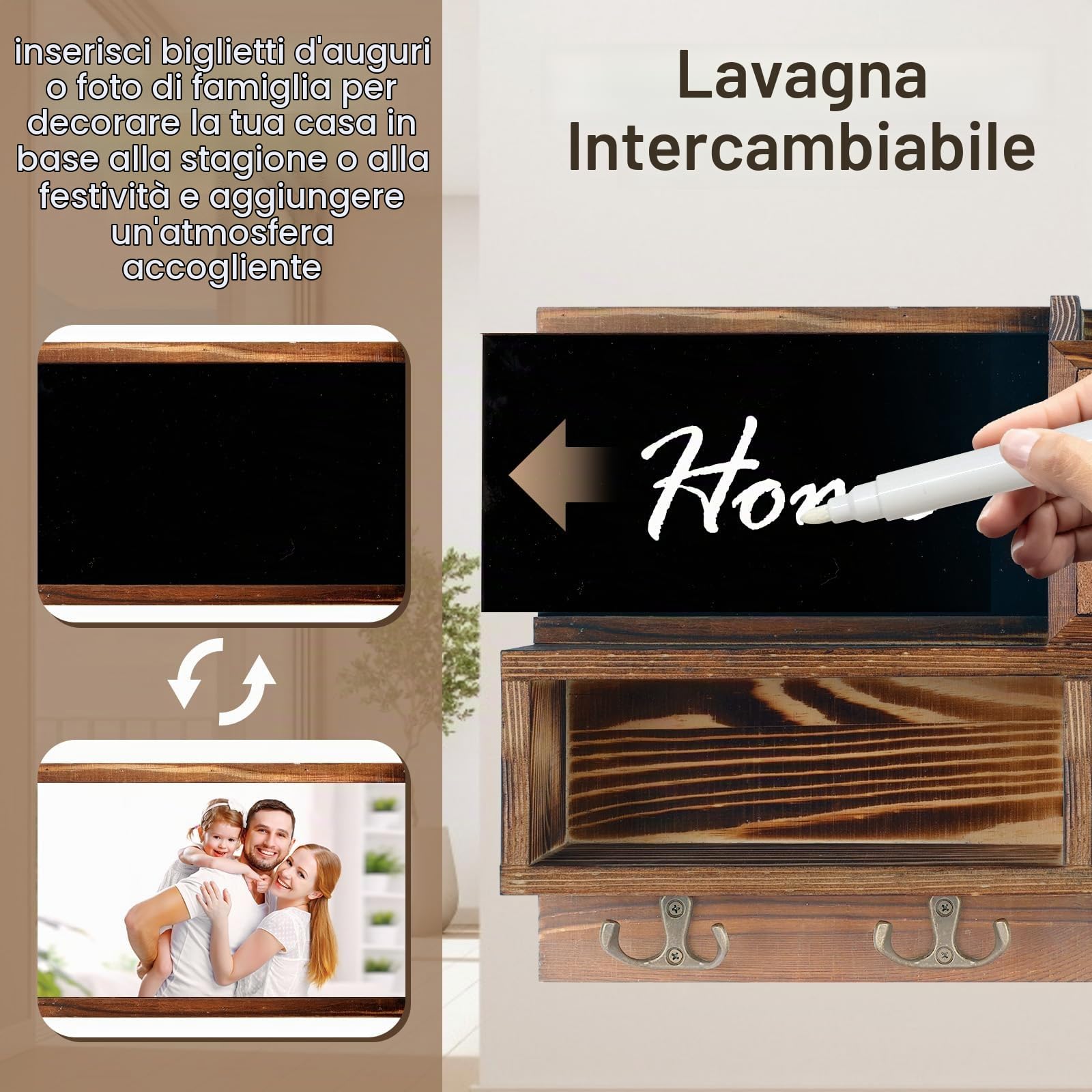 Comfoyar Portachiavi da Parete in Legno, Appendi Chiavi a Muro con Bacheca e Ripiano, Organizzatore per Lettere e Portachiavi con 4 Ganci Doppi per Ingresso, Corridoio, Soggiorno, Design Casa, Marrone