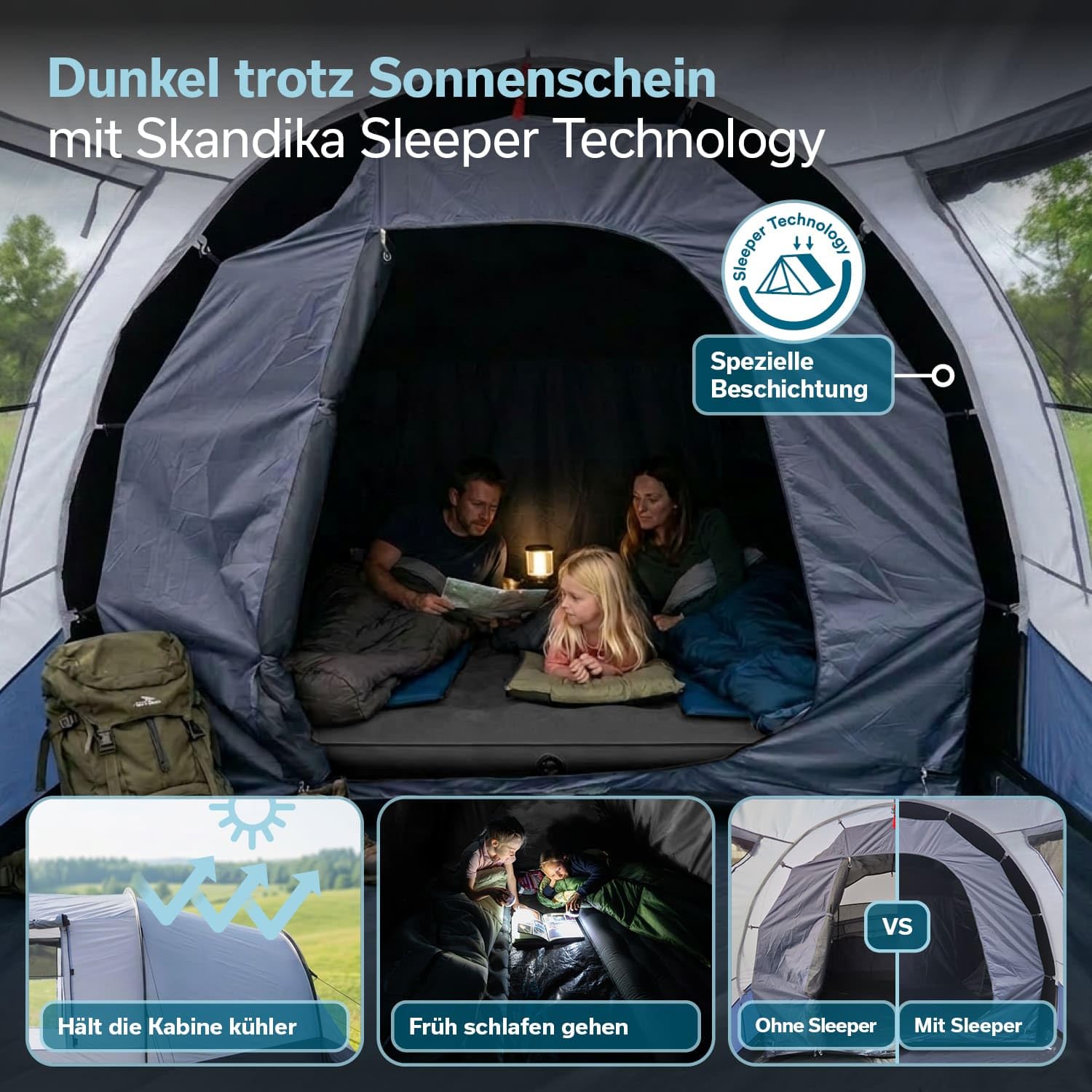 Skandika Namiot tunelowy Isken 3/5 | Moskitiery na drzwiach wejściowych, na oknach i na drzwiach kabiny - wszyte podłoże