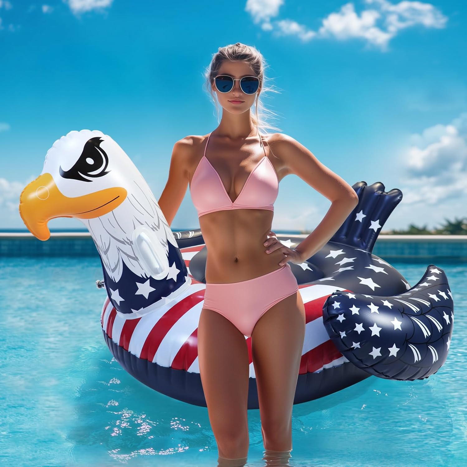 Patriotic American Flag Eagle Pool Float - 4th of July Pool Floats,Funny Bird Animal Bald Eagle Beach Water Lake Boat Recliner Adult Kids Toy,Fourth of July Swimming Party Ride Large Inflatable Raft