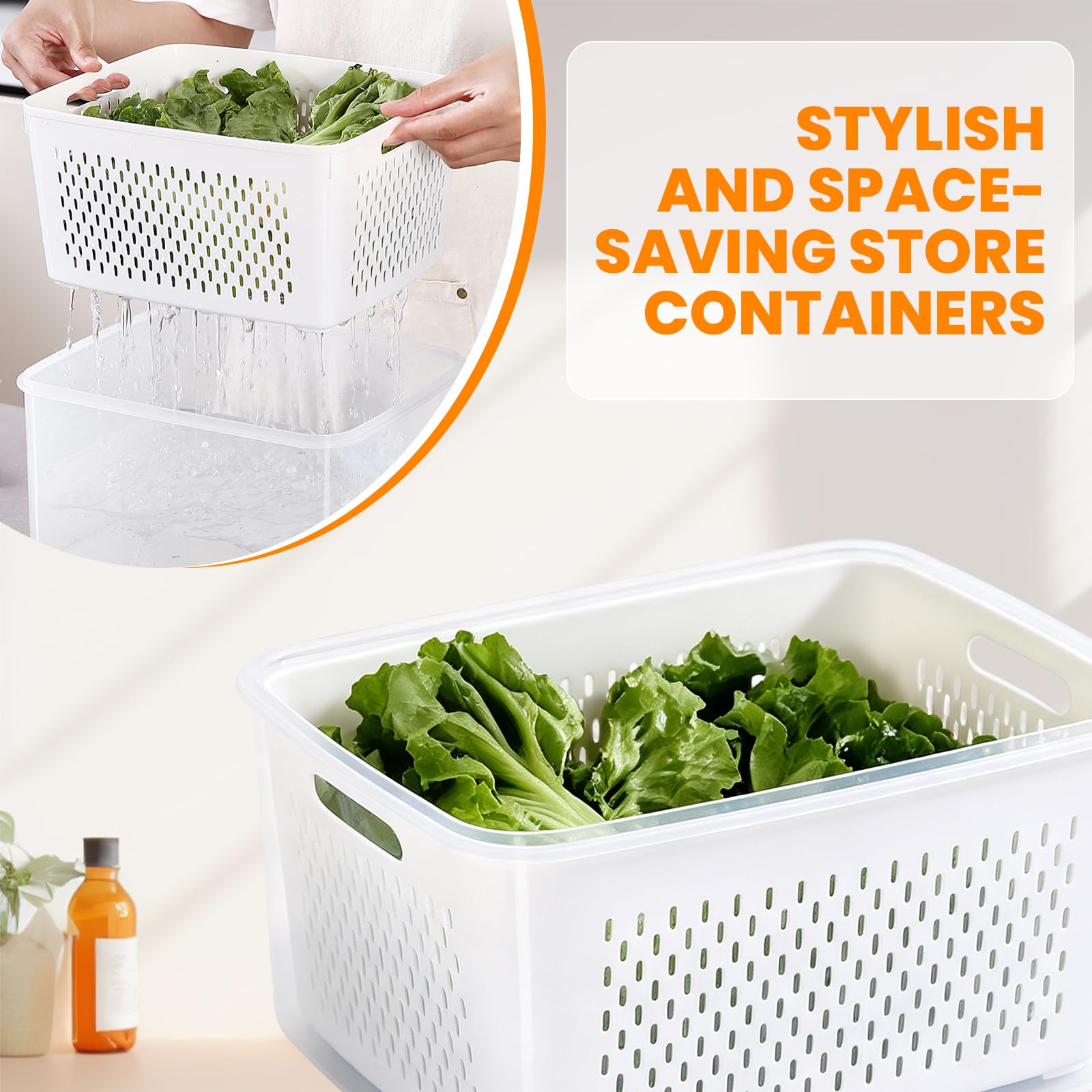 Juego de 5 recipientes herméticos para frutas y verduras, cajas de almacenamiento con tapa y colador, recipientes herméticos a prueba de fugas para guardar frutas