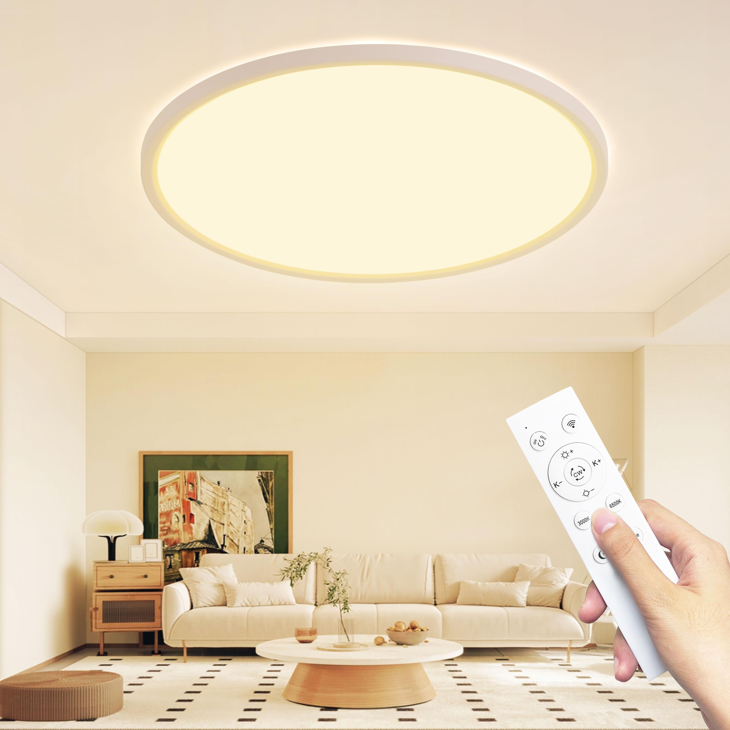KIWIVIC LED Deckenleuchte Flach Dimmbar, 56W Ø59cm Deckenlampe mit Fernbedienung, 3000-6500K Ultra Dünn Deckenlampe Rund für Wohnzimmer Schlafzimmer Kinderzimmer Büro, Weiß