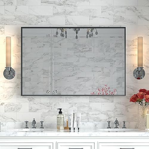 40x30inch Glossy Black Bathroom Mirrors for Wall Rectangle Vanity Mirror Corner Hangs Farmhouse Mirror Modern Metal Framed Rectangular Mirror,