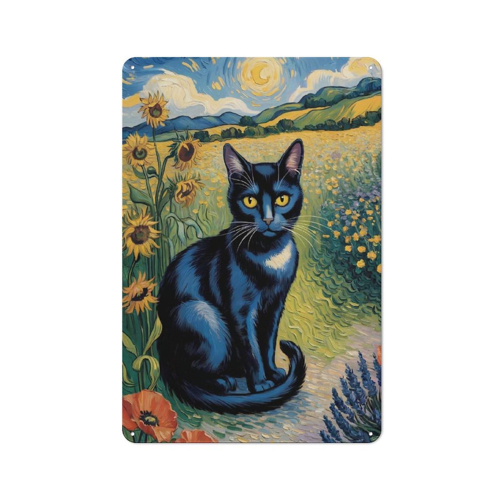 Junmoney Style-16 Tin Wall Plaque 30X20cm With Black Cat In Sunflower Field Painting For Guest Room Or Hallway, For Updating Guest Room And Hallway After Moving