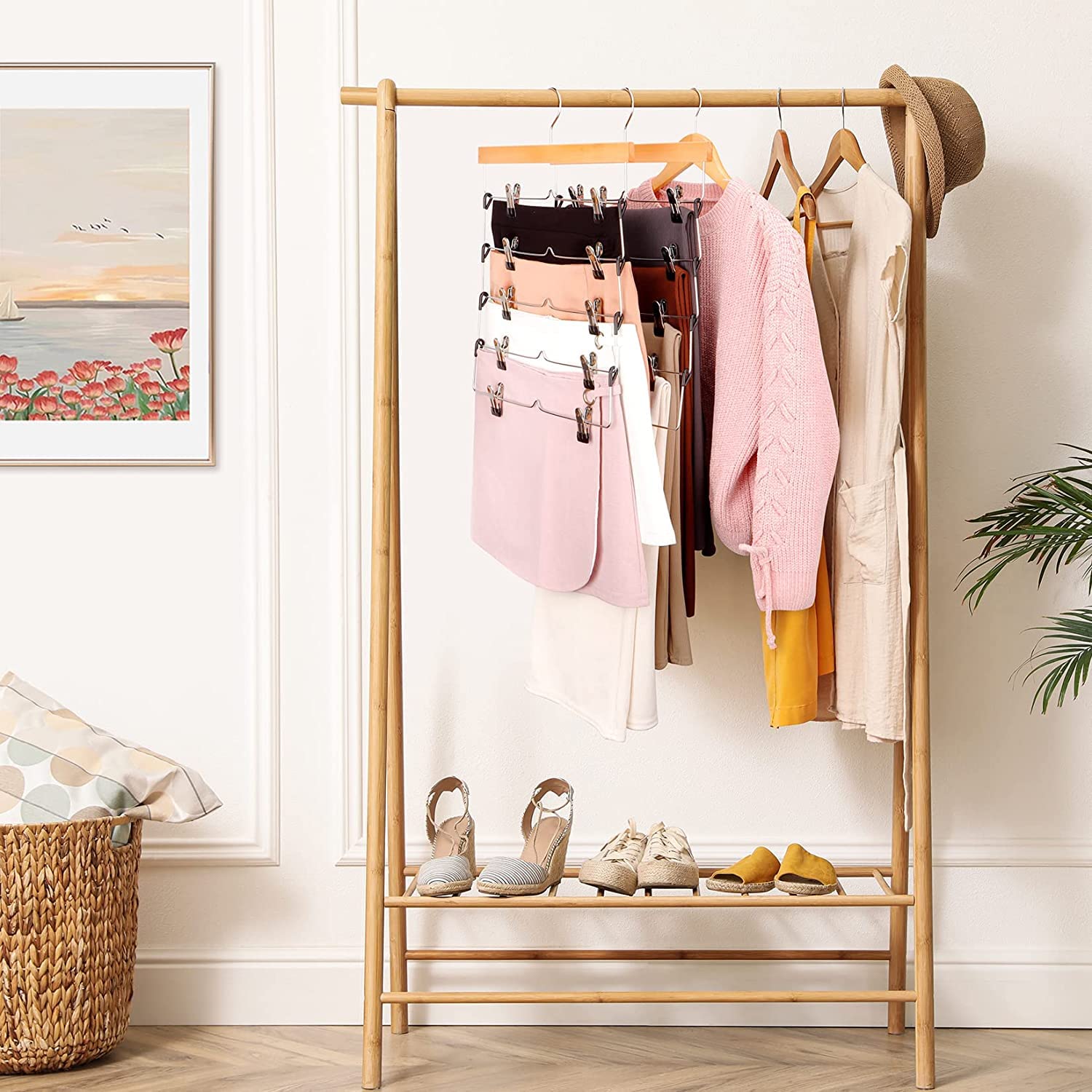 型崩れを防止する木製ズボンハンガー、滑らない360°回転機能