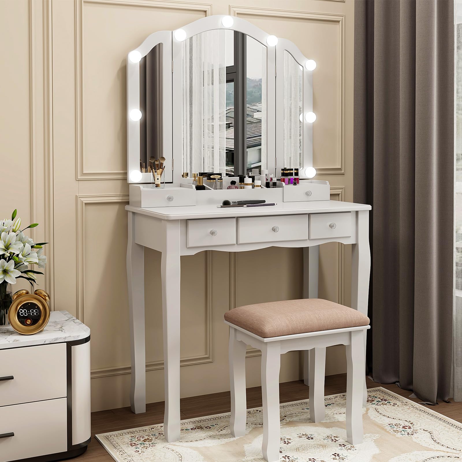 HIULOG Vanity Desk with Mirror and Lights, Vanity with Stool,5 Drawers and Cabinets White Vanity Mirror with LED Lights Vanity Desk and Chair for Bedroom
