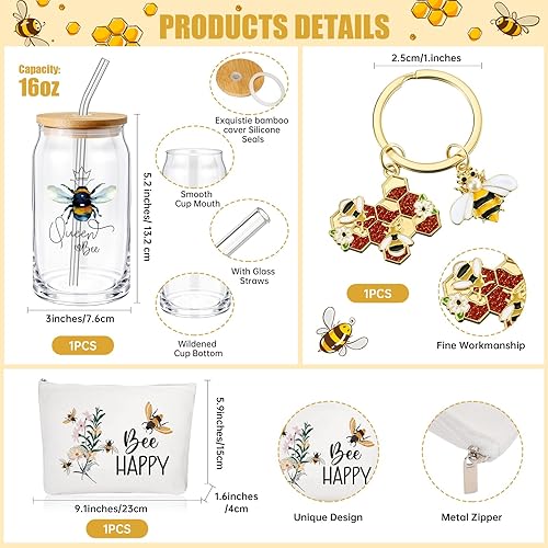 Miniatura 2 de Hushee Juego de 3 regalos de abejas para mujer, regalos temáticos de abejas que incluyen vasos de vidrio de abeja con tapa, popote y bolsa de