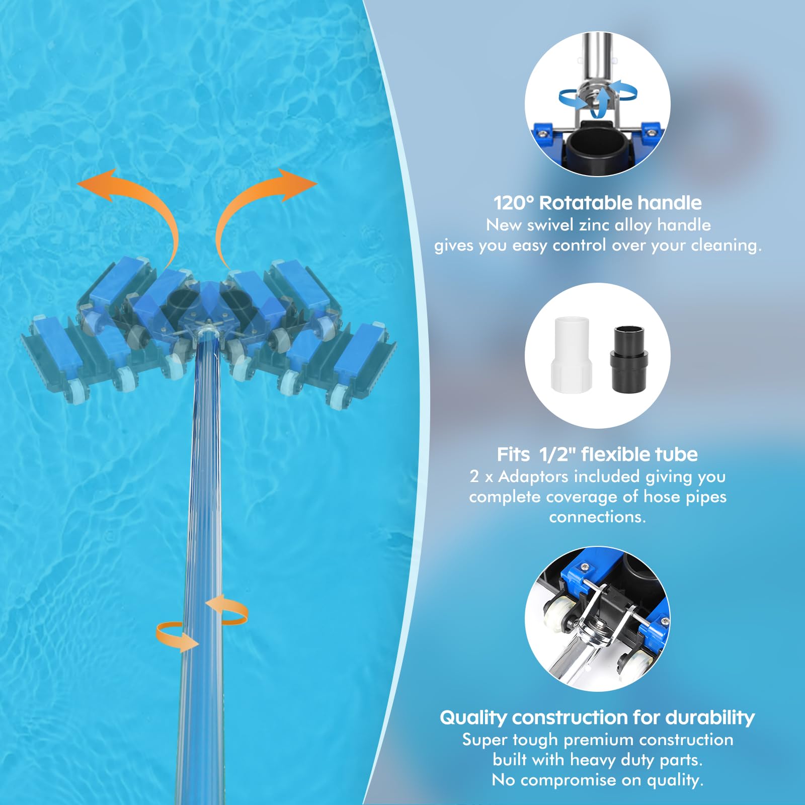Cabezal de aspiradora para piscina, aspiradora manual para piscinas enterradas y sobre el suelo, cabezal giratorio flexible con cepillo inferior integrado para absorberlo, cepillo de 19 pulgadas