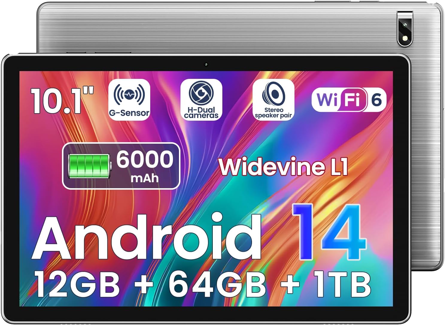 Tablet, 10.1 inch, Android 14 Tablets, Octa-Core, 12GB RAM + 64GB ROM (1TB Expand), 6000mAh Battery, 2.4G+5G Wi-Fi 6, 2MP+8MP Cameras, Bluetooth, 1280x800 FHD IPS (Gray)