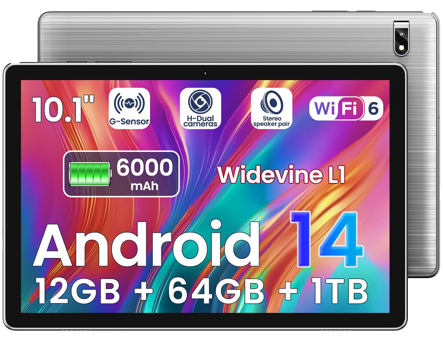TPZ Tablet, 10.1 inch, Android 14 Tablets, Octa-Core, 12GB RAM + 64GB ROM (1TB Expand), 6000mAh Battery, 2.4G+5G Wi-Fi 6, 2MP+8MP Cameras, Bluetooth, 1280x800 FHD IPS (Gray)