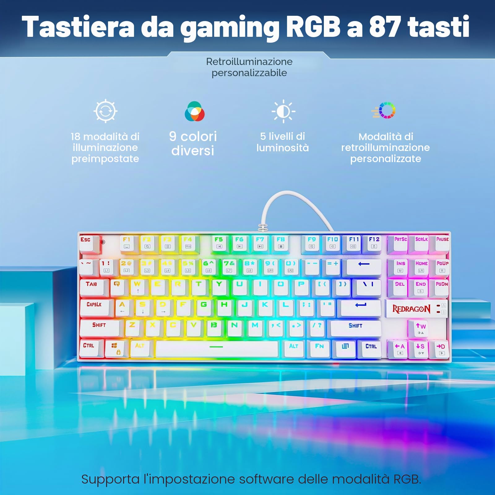 dragon K552 - Tastiera meccanica da gioco 60% compatta a 87 tasti, con cavo Kumara Cherry MX blu, equivalente per Windows PC Gamers (RGB retroilluminato)