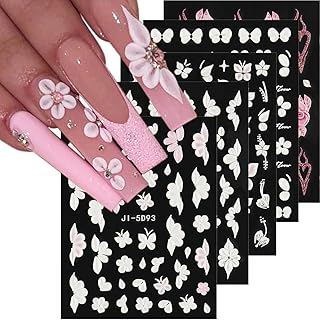 5D Embossed White Flowers Nail Stickers, 5 Sheets Self-Adhesive Floral N...