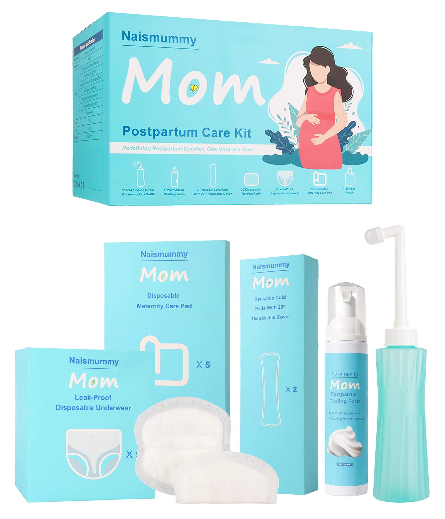 Postpartum Essentials Recovery Kit for Labor & Delivery – Nursing Pads, Peri Bottle, Ice Pack Pad, Postpartum Underwear, Disposable Bed Pads, Perineal Foam, 55 Piece Gift Set