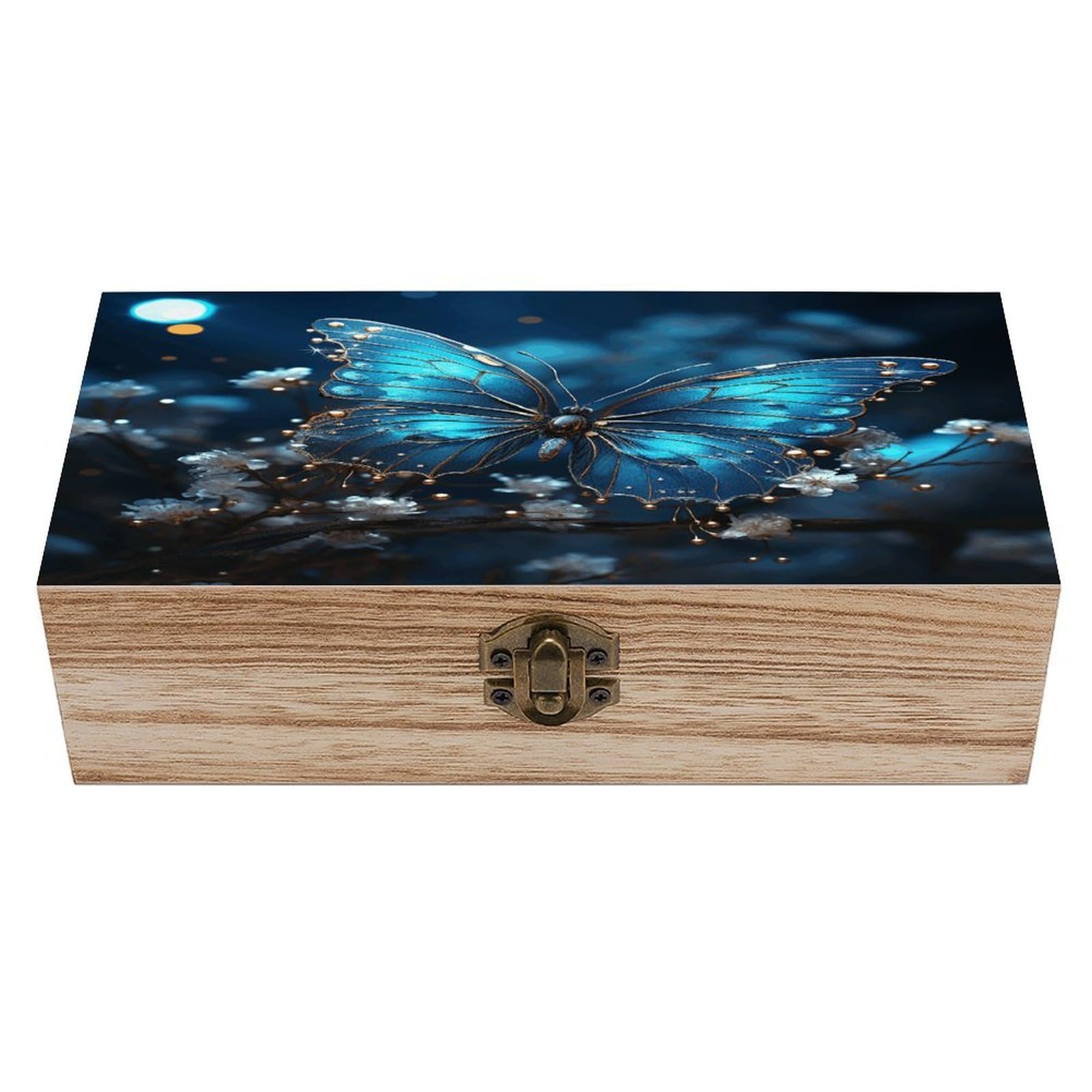 VstaDank Blue Butterfly And Moon Wooden Storage Box Wooden Keepsake Box with Hinged Lid Exquisite Solid Wood Decorative Jewelry Case Memory Box for Jewelry Photos Letters Crafts Trinkets