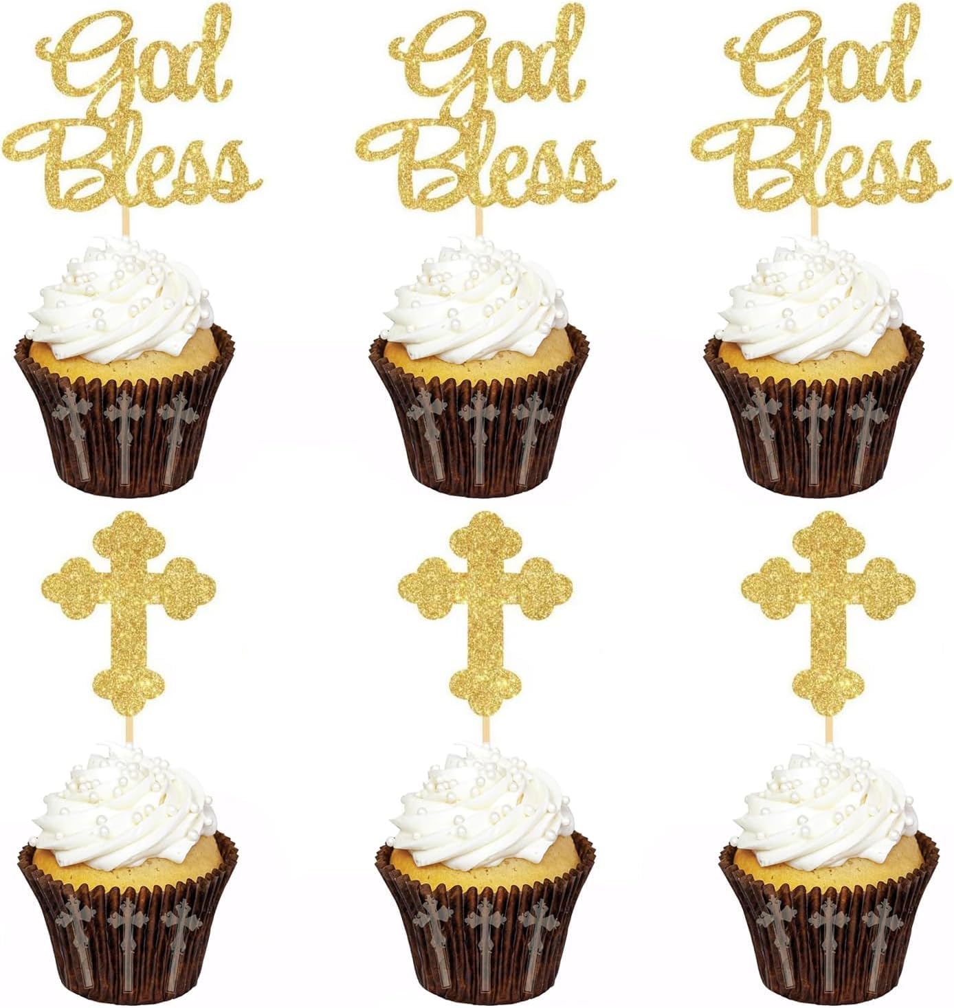 HSC 24 Pack God Bless Cupcake Toppers Glitter Baptism Cake Picks Cross God Bless Cake Decorations for Baby Shower Christian First Communion Party Decorations Supplies