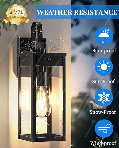 Miniatura 7 de Paquete de 2 luces solares de porche de 17 pulgadas, luces de movimiento impermeables para exteriores, iluminación exterior negra del atardecer al